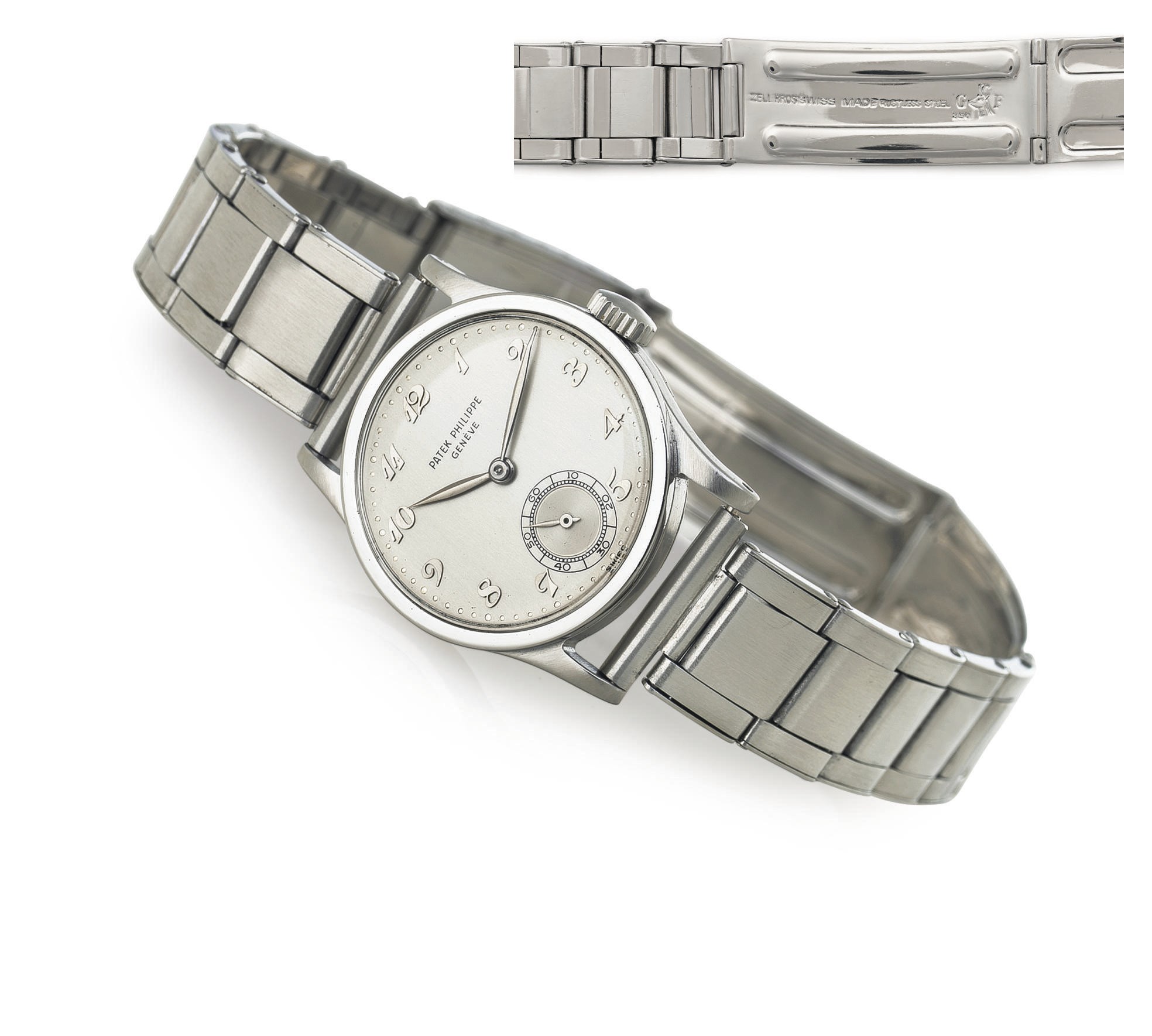PATEK PHILIPPE.  A FINE AND RARE STAINLESS STEEL WRISTWATCH WITH BREGUET NUMERALS