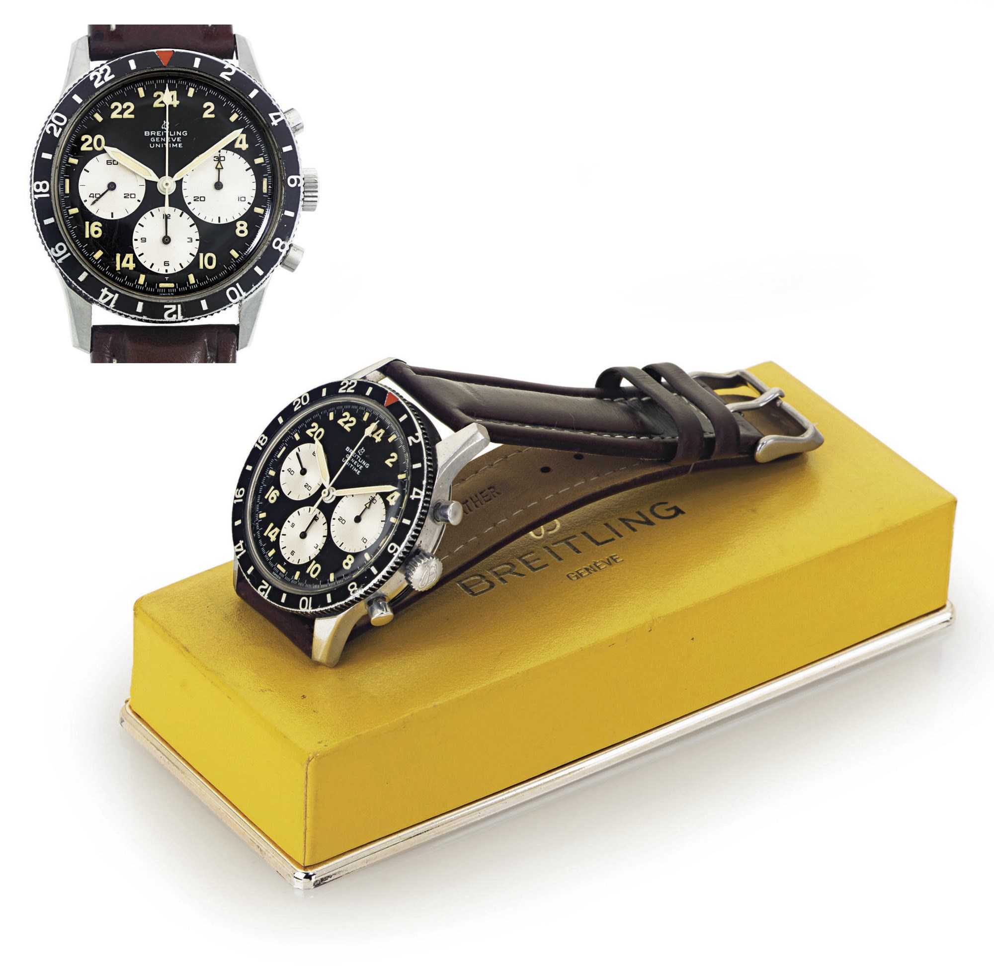 BREITLING.  A STAINLESS STEEL CHRONOGRAPH WRISTWATCH WITH 24 HOUR DIAL