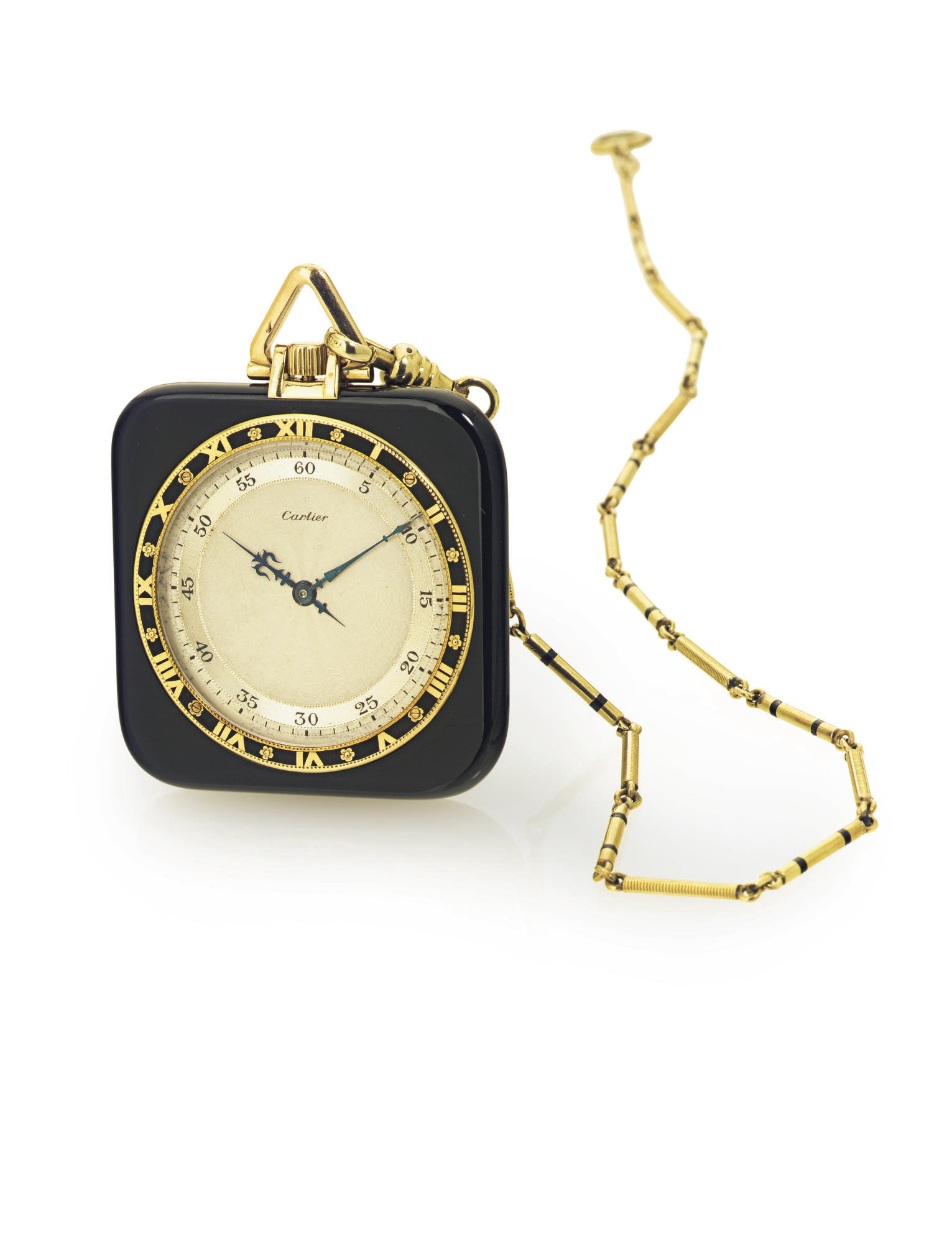 CARTIER. A FINE 18K GOLD, ONYX AND ENAMEL OPENFACE KEYLESS LEVER DRESS WATCH