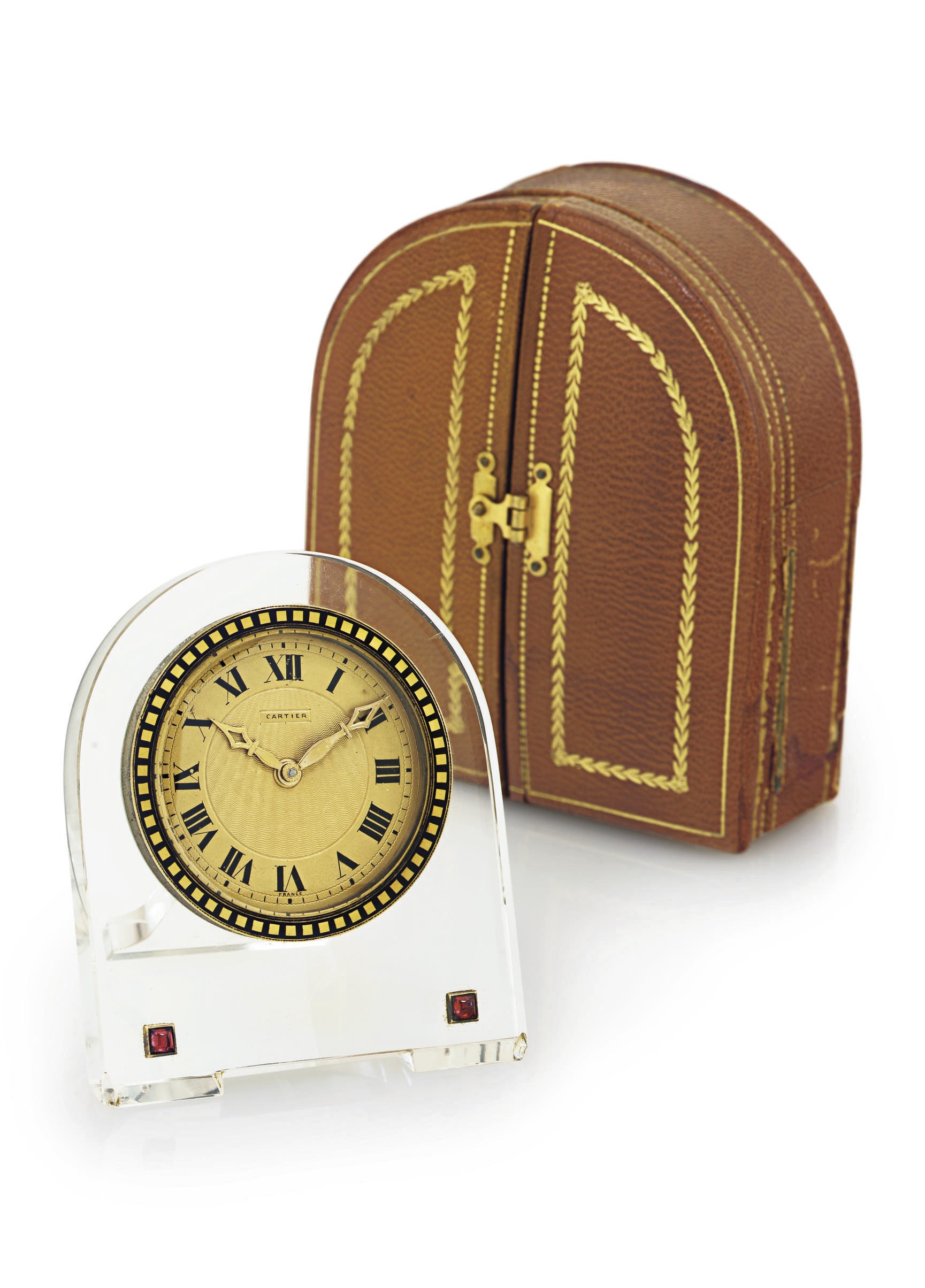 CARTIER.  A ROCK CRYSTAL AND ENAMEL DESK CLOCK