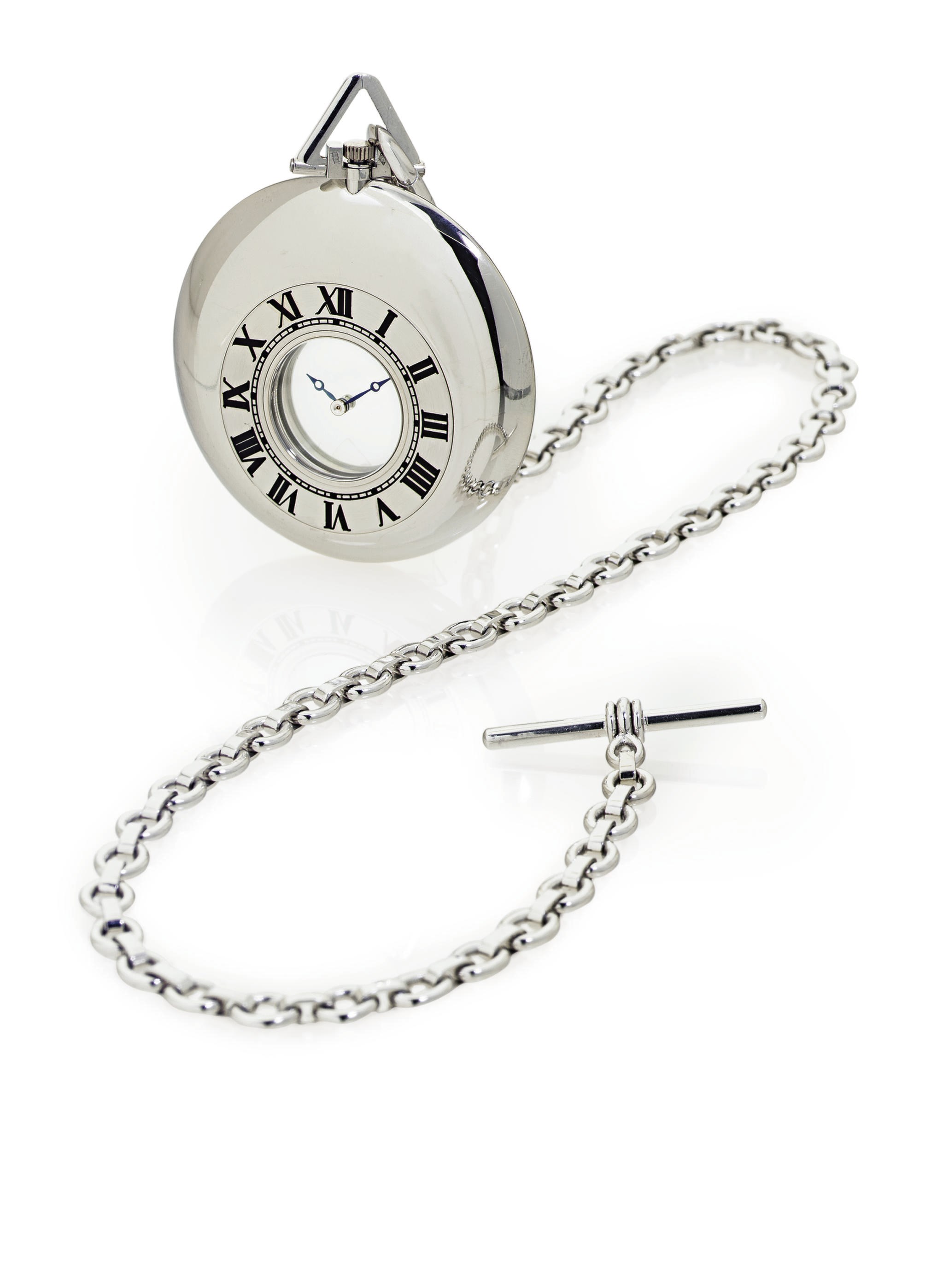 CARTIER. AN EXTREMELY FINE AND RARE LIMITED EDITION PLATINUM MYSTERY DRESS WATCH WITH CHAIN