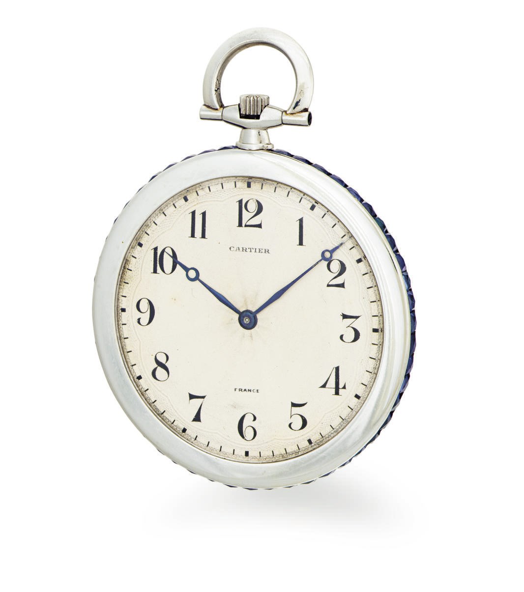 CARTIER.  A PLATINUM AND SAPPHIRE OPENFACE KEYLESS LEVER DRESS WATCH