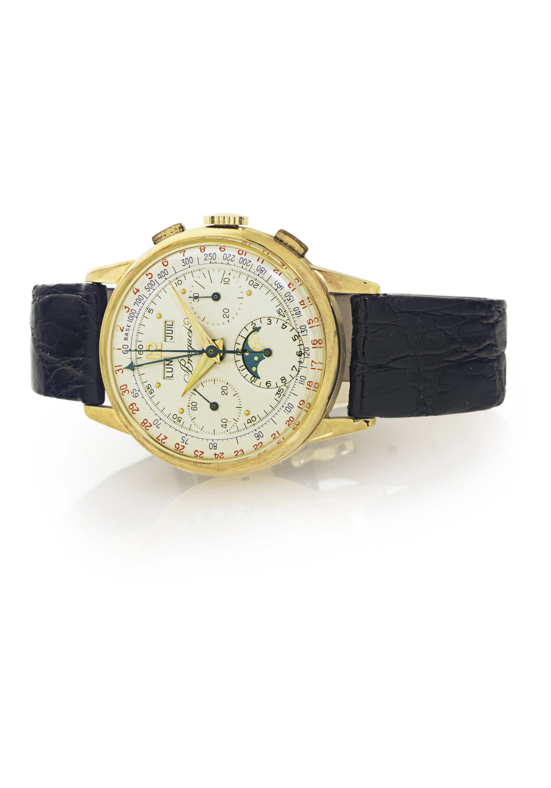 BREGUET.  A FINE AND RARE 18K GOLD TRIPLE CALENDAR CHRONOGRAPH WRISTWATCH WITH MOON PHASES