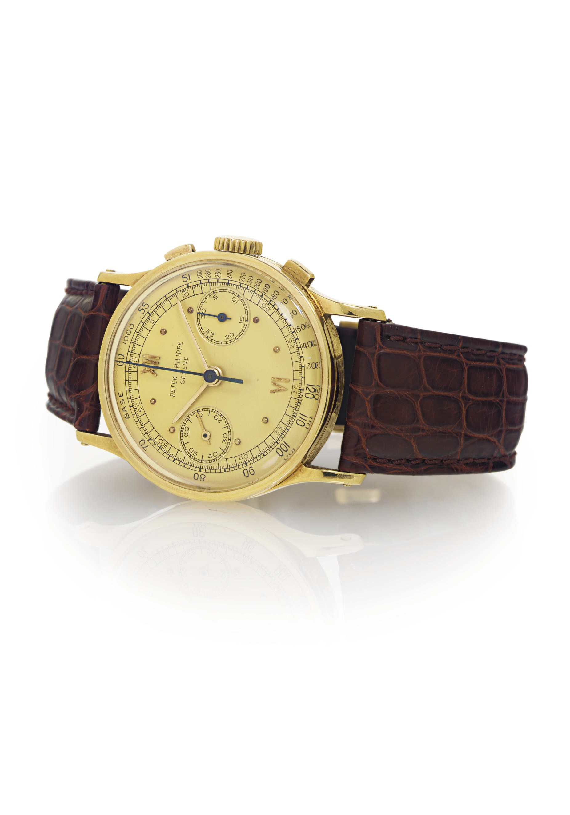 PATEK PHILIPPE.  A FINE AND RARE 18K GOLD CHRONOGRAPH WRISTWATCH