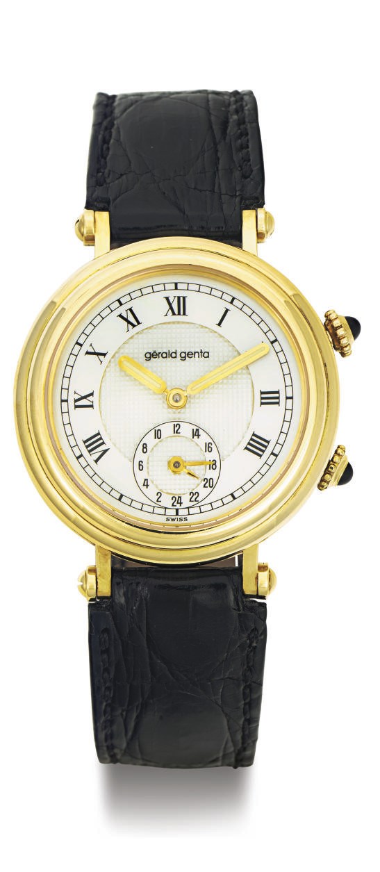 GERALD GENTA. AN 18K GOLD AND MOTHER-OF-PEARL AUTOMATIC DUAL TIME WRISTWATCH