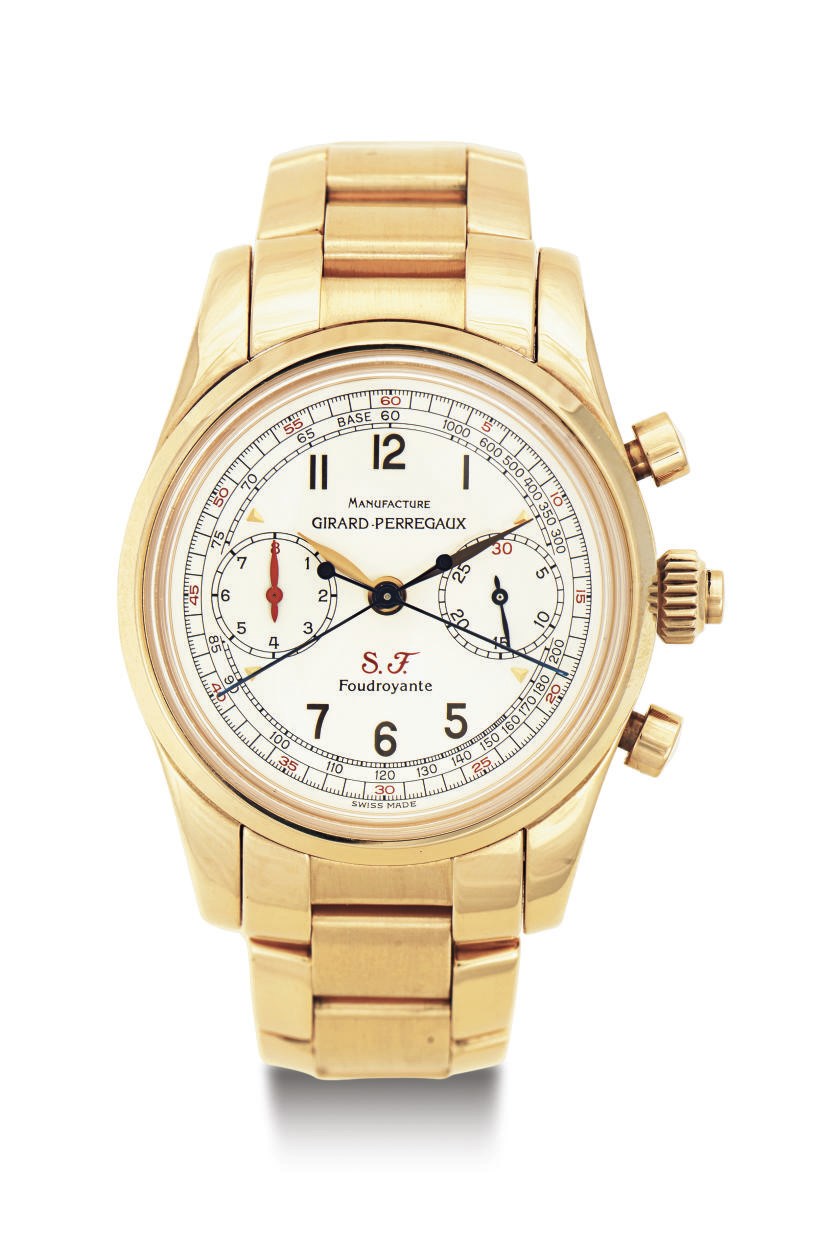 GIRARD-PERREGAUX. AN OVERSIZED LIMITED EDITION 18K PINK GOLD AUTOMATIC SPLIT SECONDS CHRONOGRAPH WRISTWATCH WITH BRACELET
