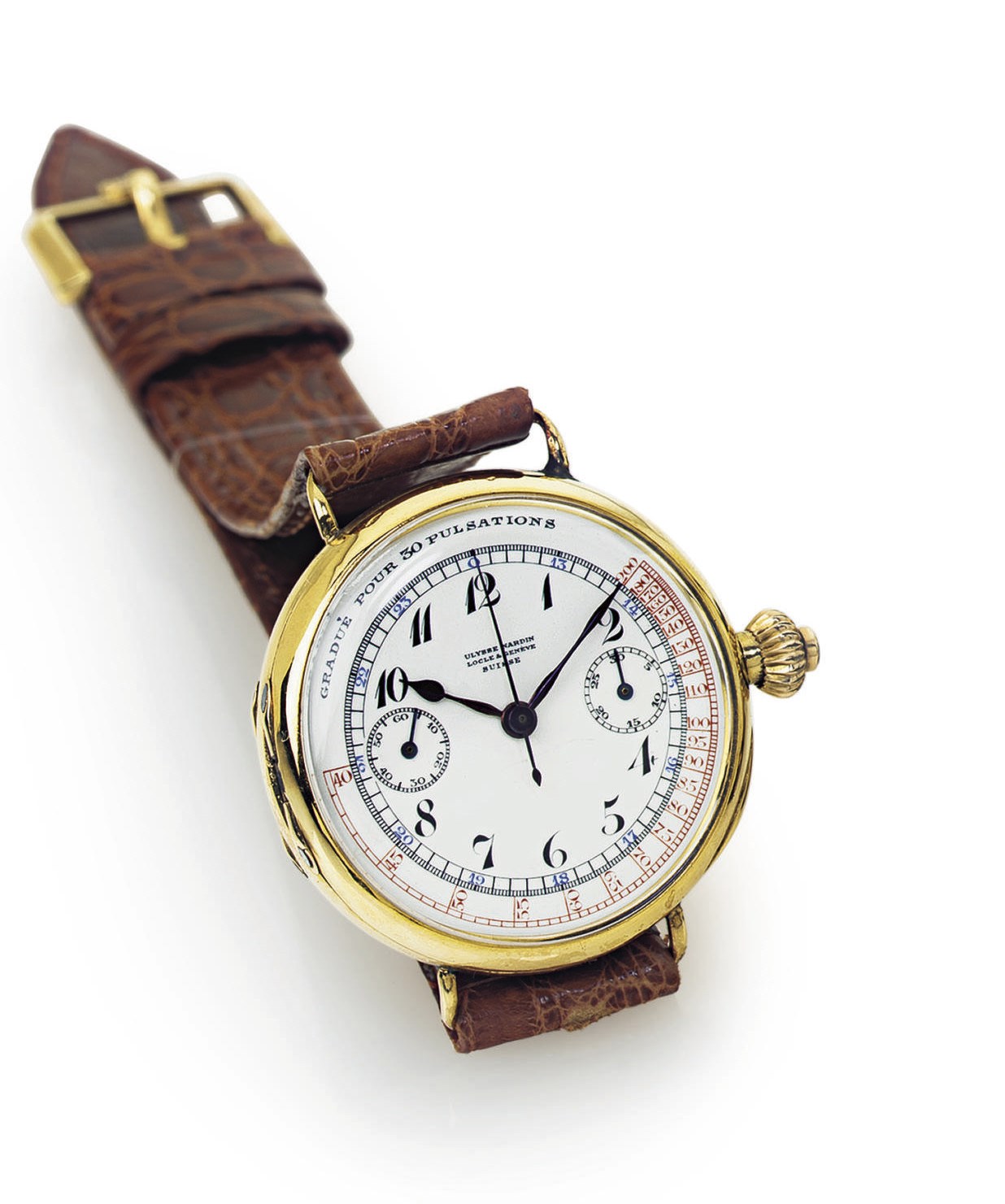 ULYSSE NARDIN. A RARE 18K GOLD SINGLE BUTTON CHRONOGRAPH WRISTWATCH WITH PULSOMETER