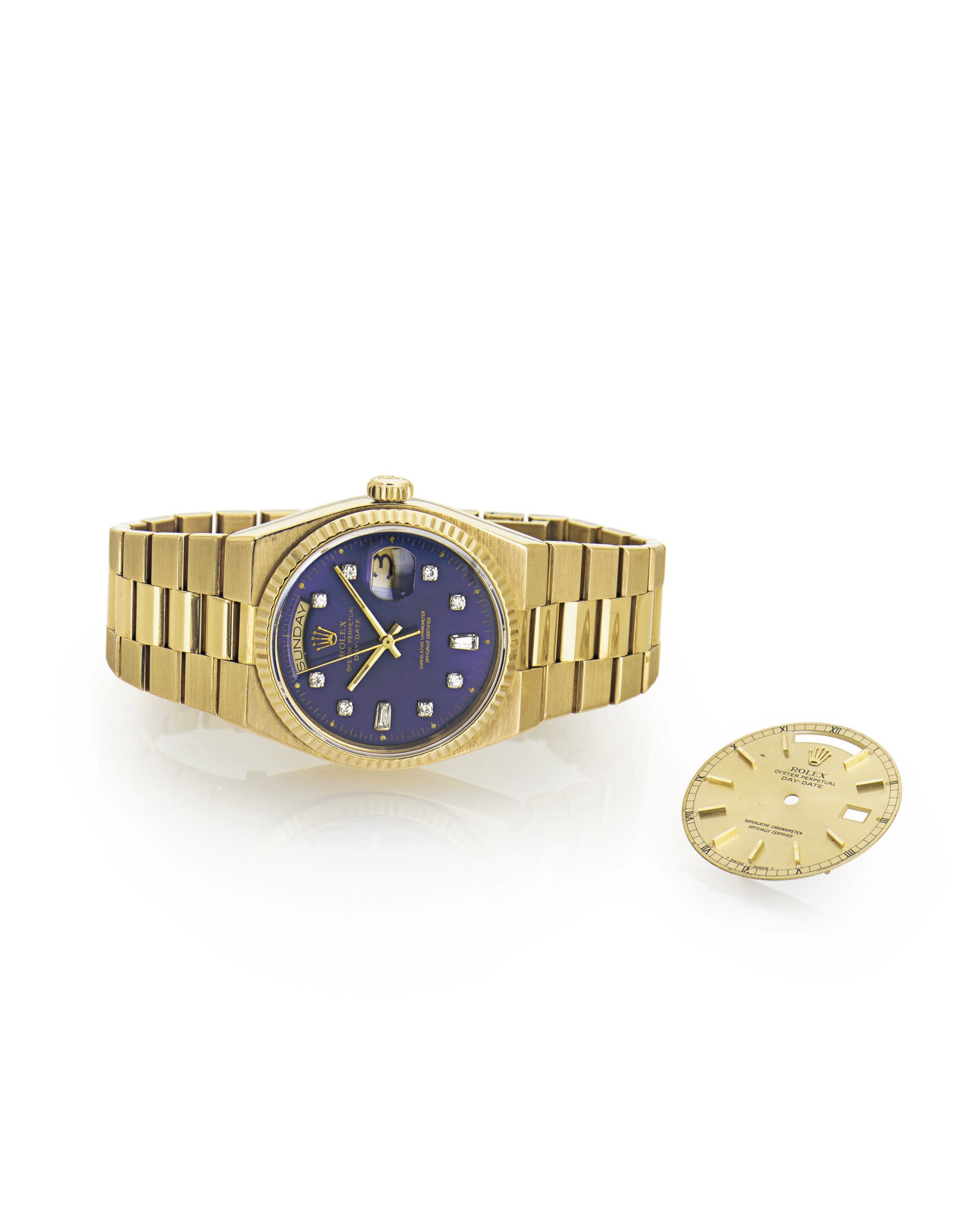 ROLEX.  AN 18K GOLD AND DIAMOND WRISTWATCH WITH DAY, DATE AND BRACELET