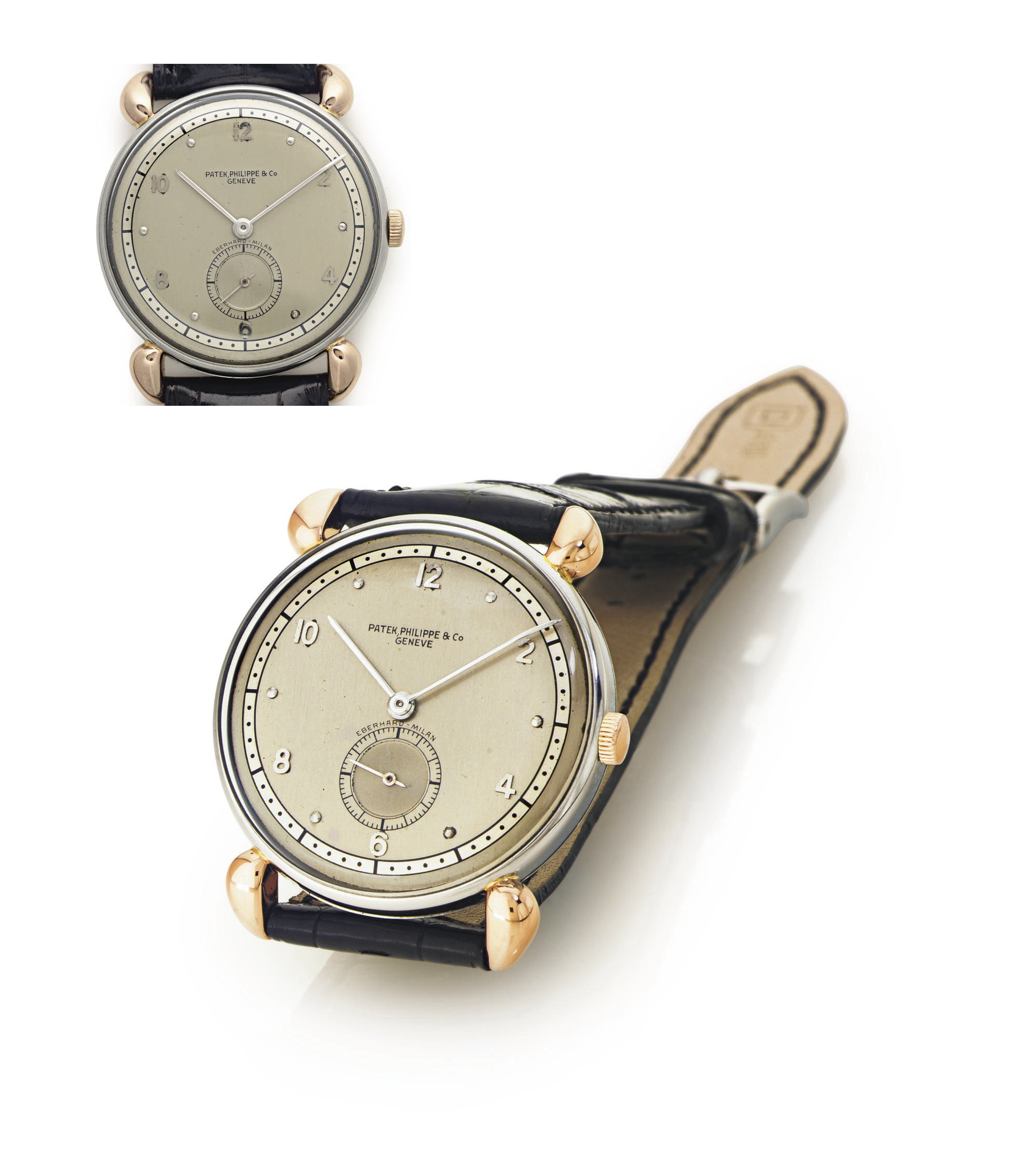 PATEK PHILIPPE.  A RARE 18K PINK GOLD AND STAINLESS STEEL WRISTWATCH WITH TWO-TONE DIAL