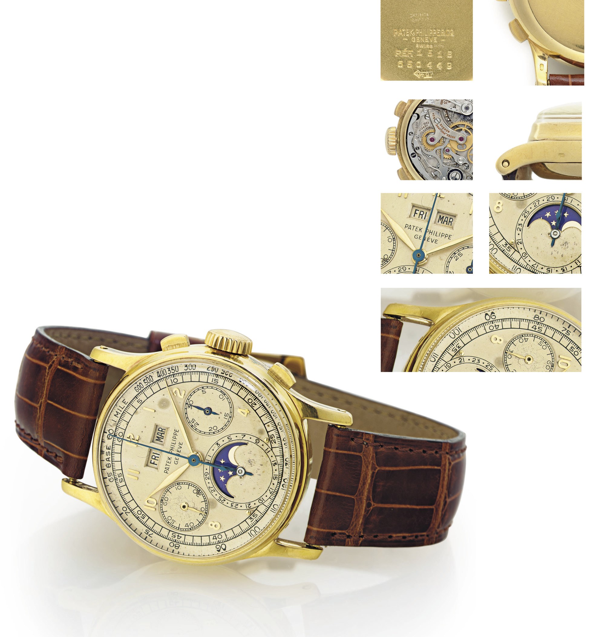 PATEK PHILIPPE.  A VERY FINE AND RARE 18K GOLD PERPETUAL CALENDAR WRISTWATCH WITH MOON PHASES