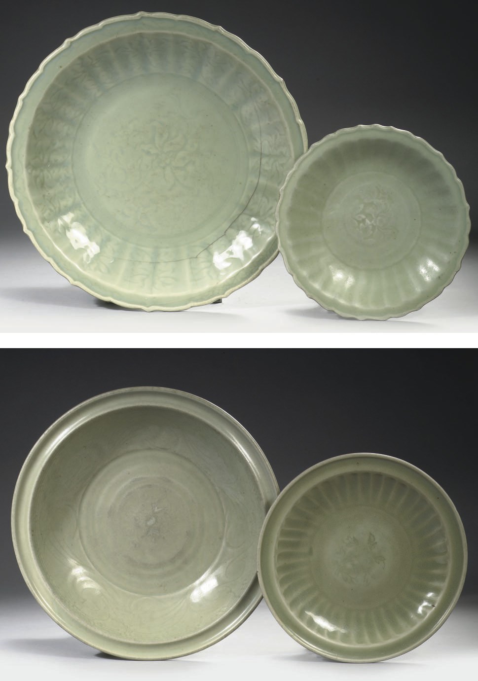 Four Chinese Longquan celadon dishes