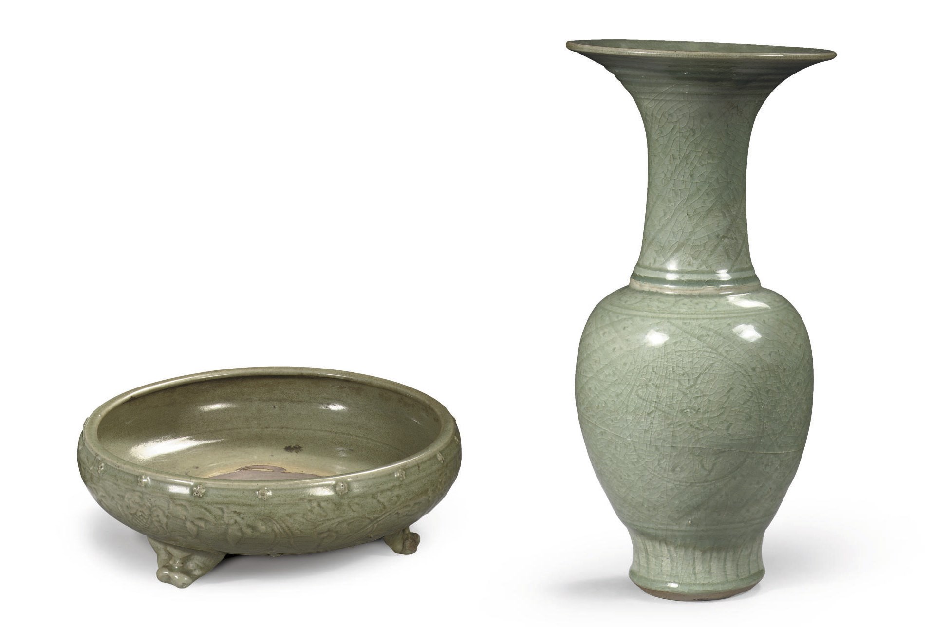 A large Chinese Longquan celadon yanyan vase and a tripod censer