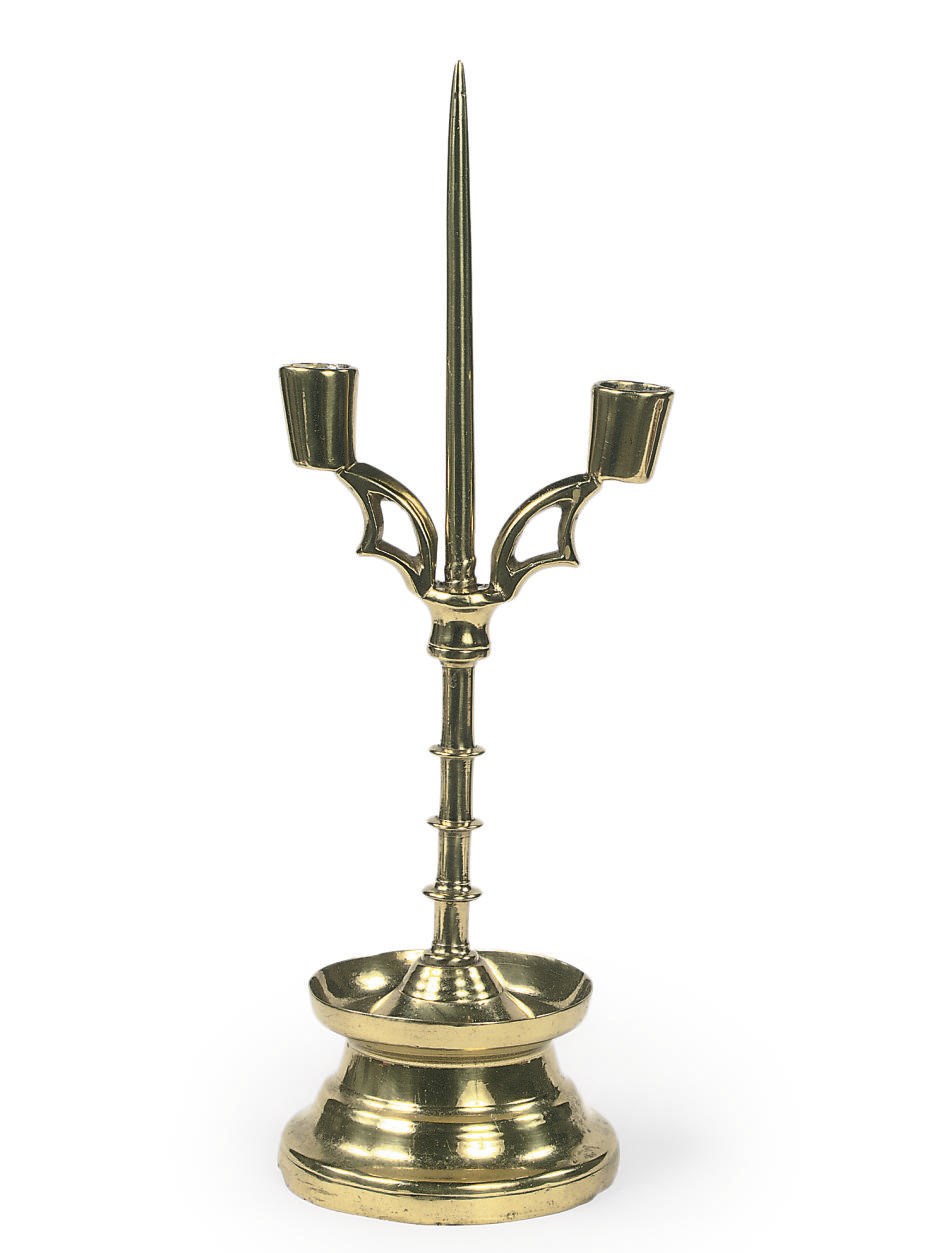 A BRASS PRICKET CANDLESTICKS 'KANDELAAR MET TWEE PIJPEN'