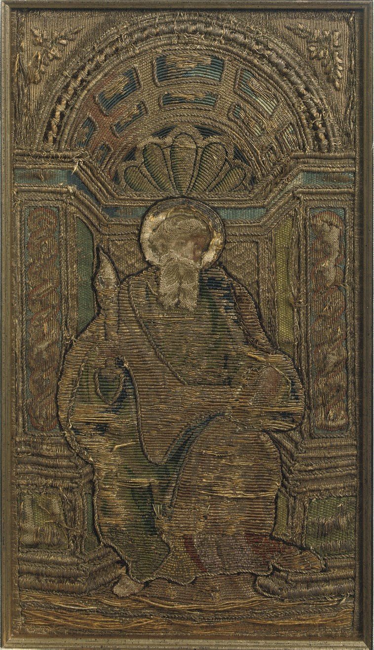 A SILK AND METAL THREAD FRAMED ORPHREY PANEL DEPICTING ST PAUL