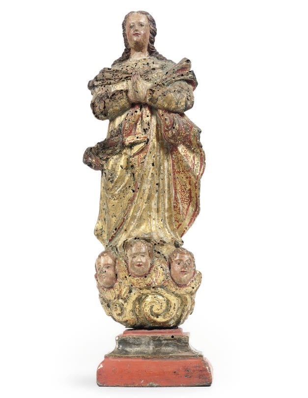 A PARCEL-GILT AND POLYCHROME CARVED WOOD FIGURE OF THE VIRGIN IMMACULATE