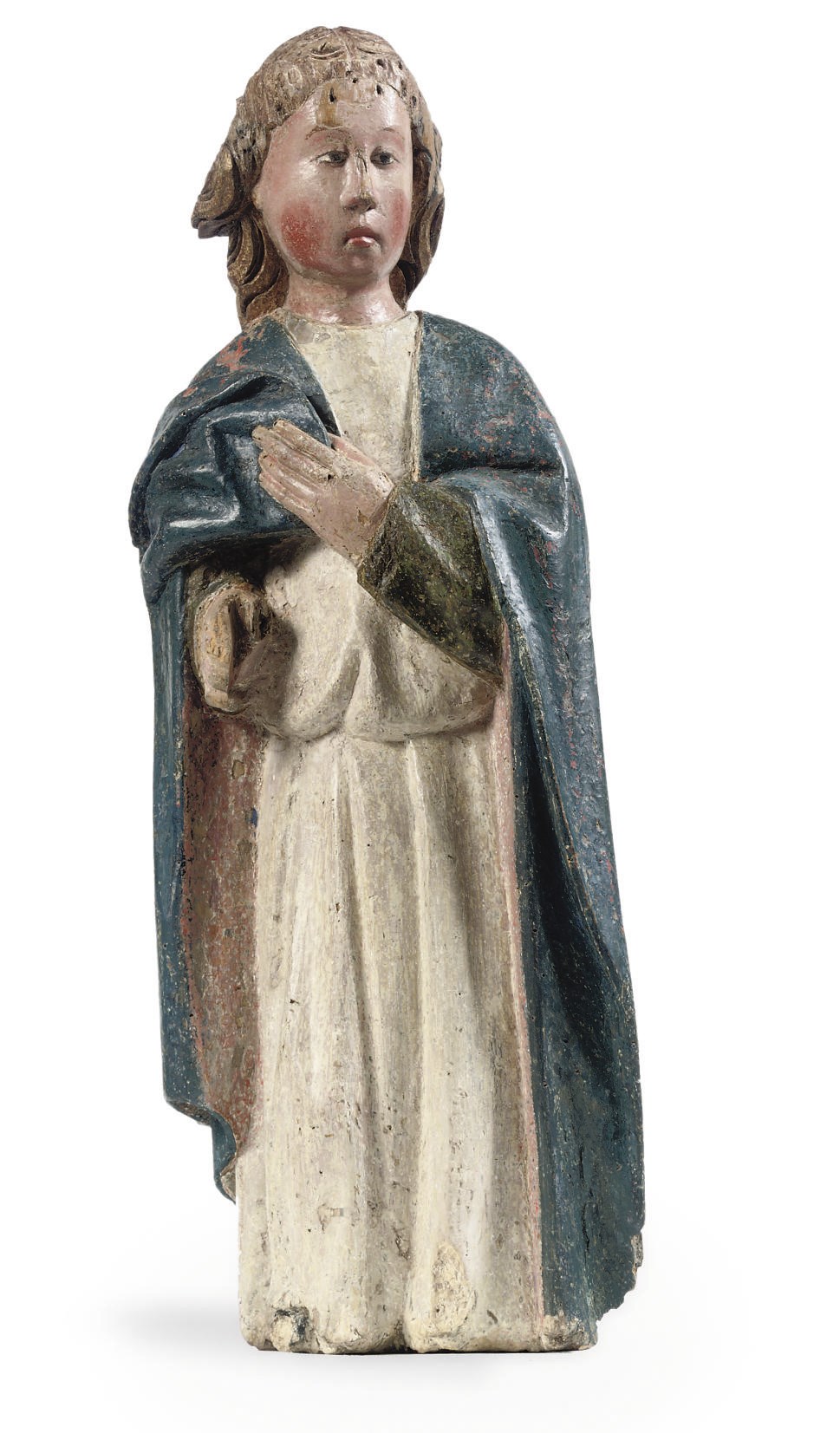 A PARCEL-GILT, POLYCHROME CARVED WOOD FIGURE OF AN ANGEL