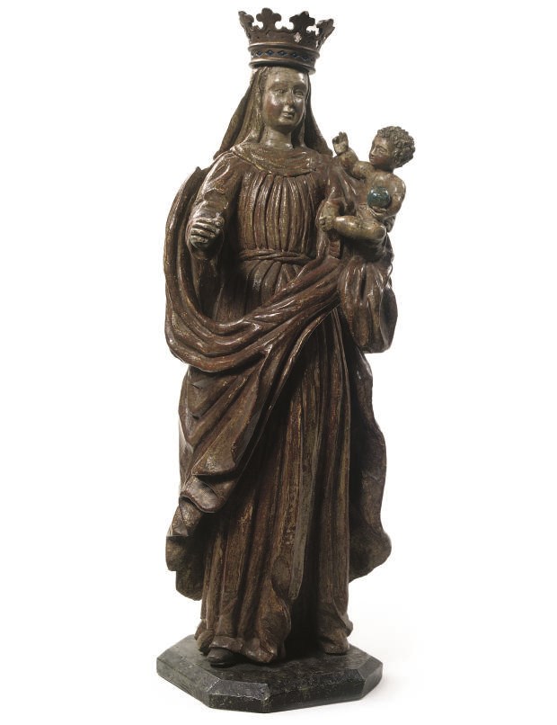 a polychrome parcel-gilt carved wood group of the Virgin and Child