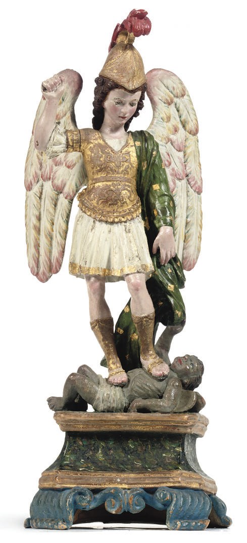 A POLYCHROME AND GILT-WOOD CARVED WOOD GROUP OF SAINT MICHAEL VANQUISHING THE DEVIL