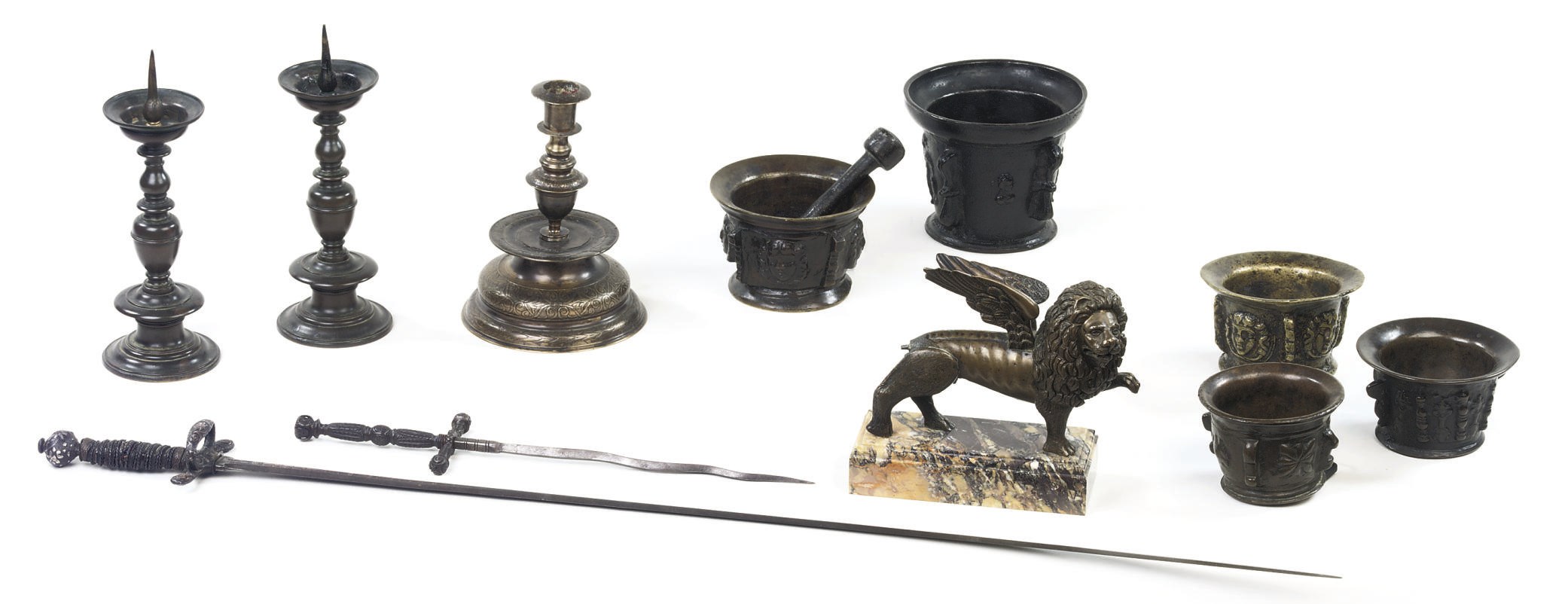 A COLLECTION OF FIVE BRONZE MORTARS