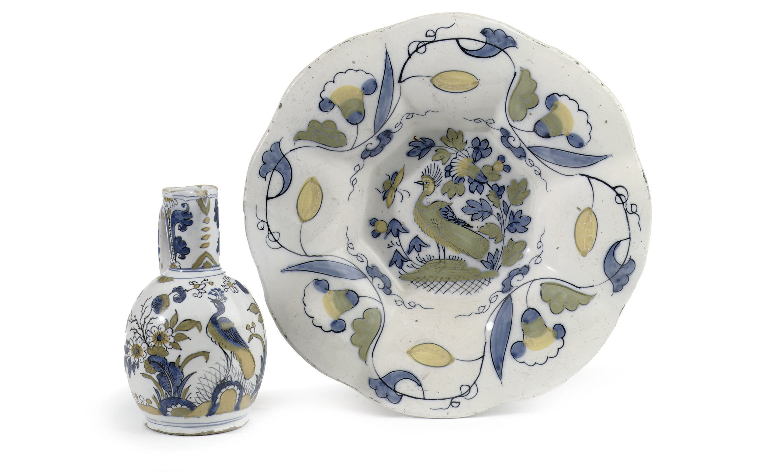 A Dutch Delft polychrome dish and jug