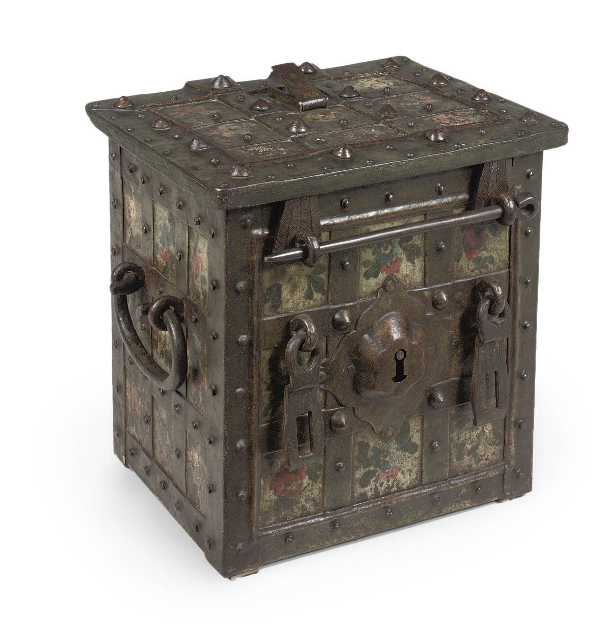 A GERMAN POLYCHROME-DECORATED IRON MONEY CHEST