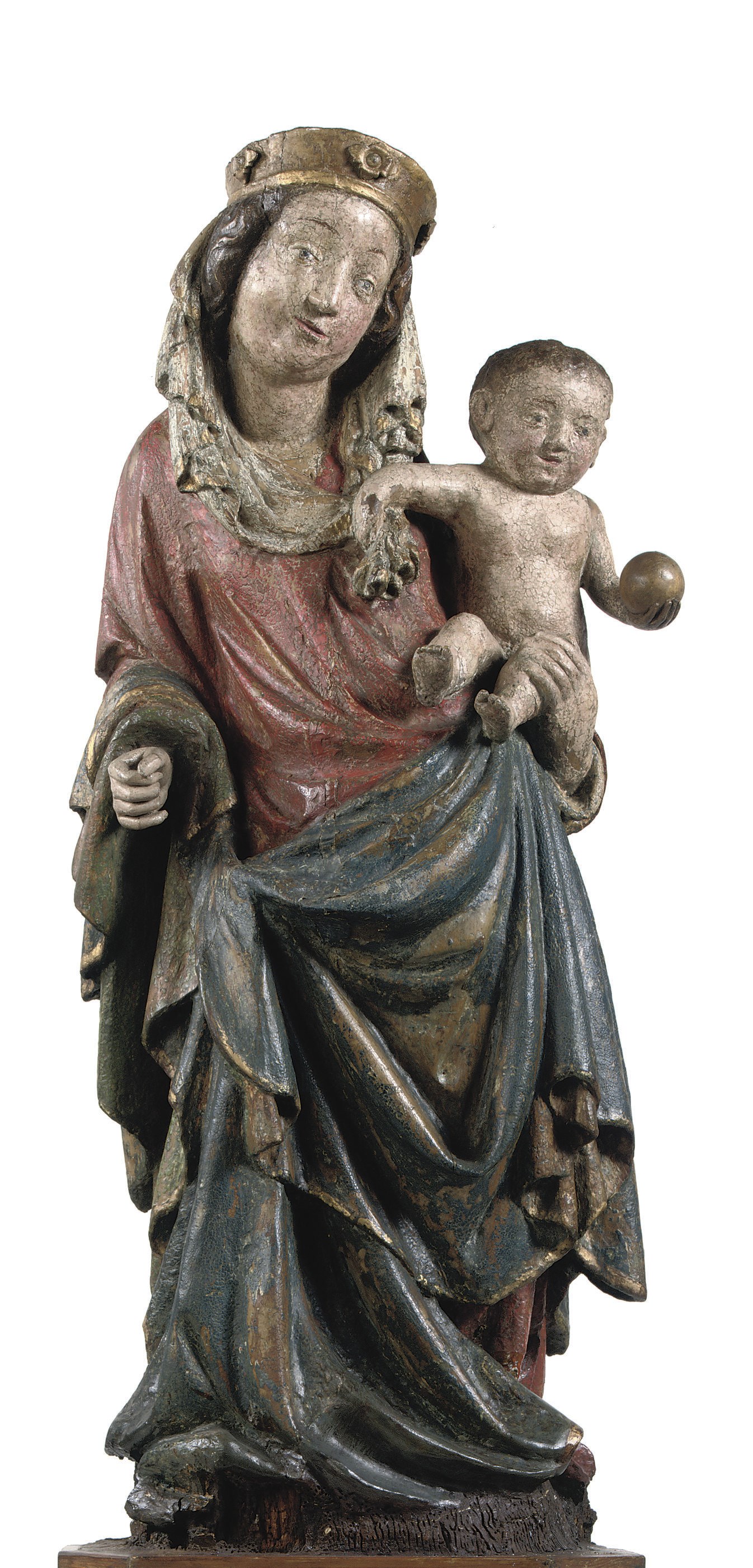 A PARCEL-GILT POLYCHROME CARVED LIMEWOOD GROUP OF THE VIRGIN AND CHILD
