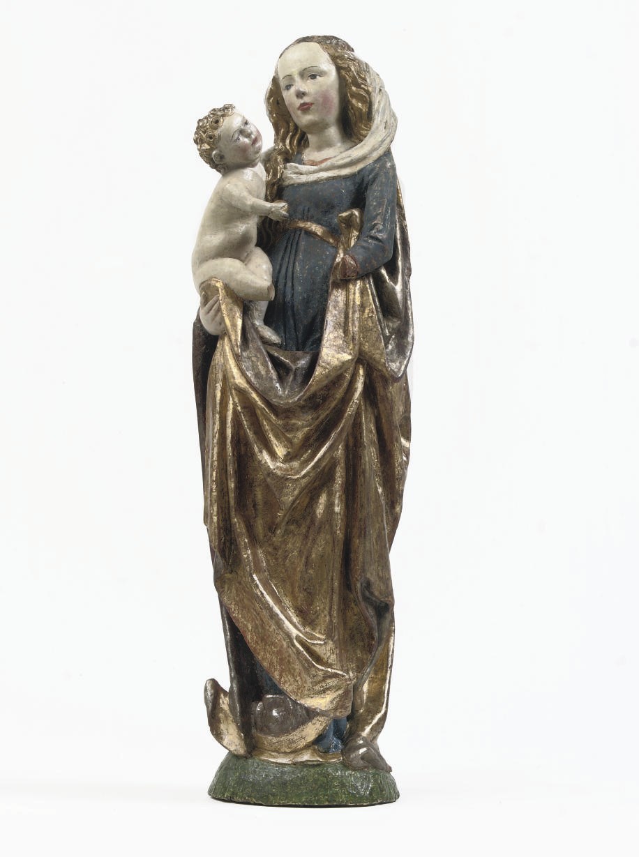 A POLYCHROME, PARCEL-GILT AND SILVERED CARVED LIMEWOOD GROUP OF THE VIRGIN AND CHILD