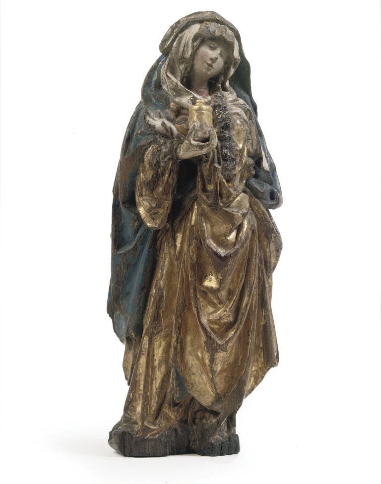 A PARCEL-GILT POLYCHROME CARVED OAK FIGURE OF MARY MAGDALENE