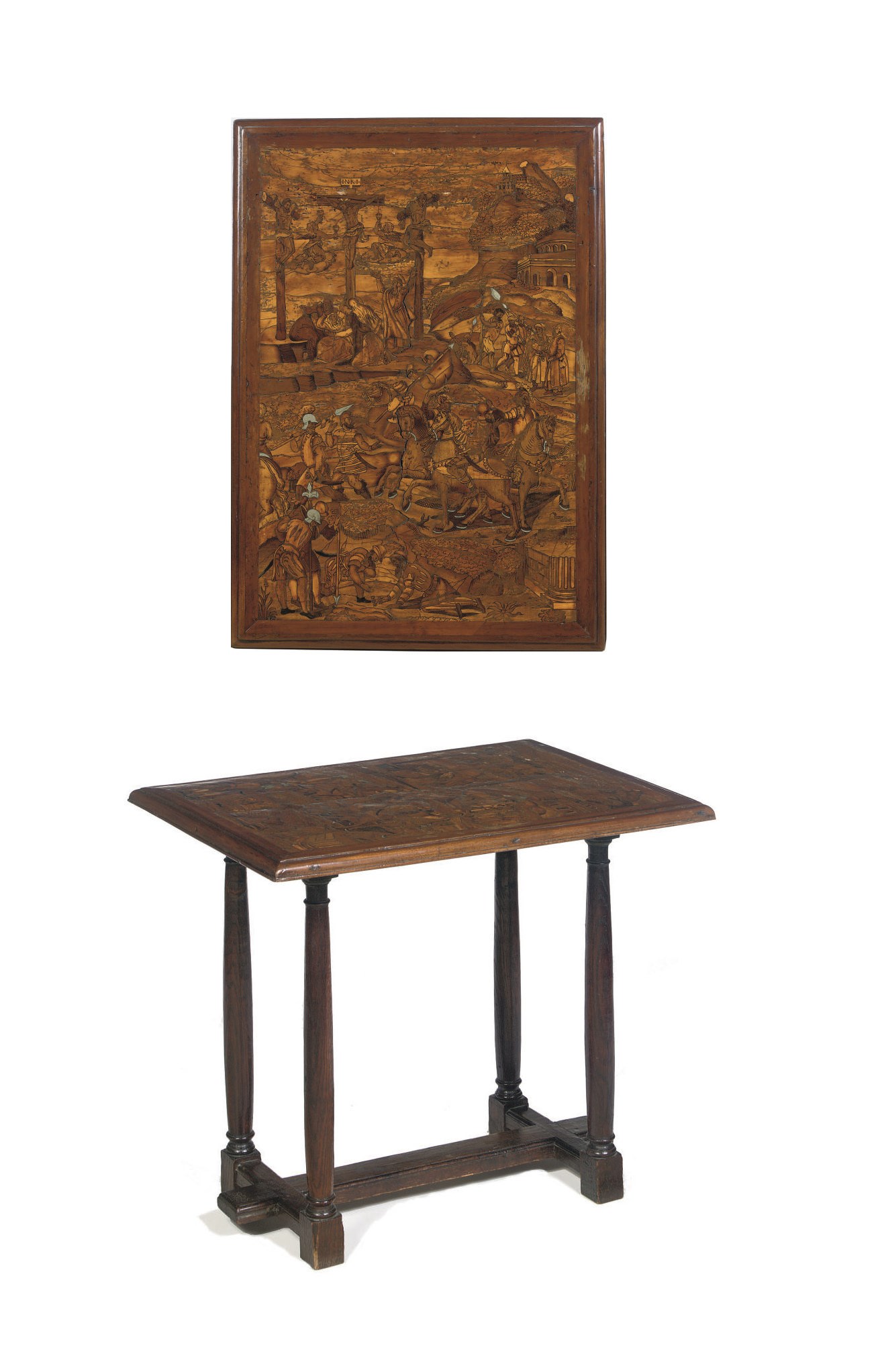 A WALNUT, OAK, MAPLE, PEN-ENGRAVED, METAL-INLAID AND FRUITWOOD MARQUETRY SIDE TABLE