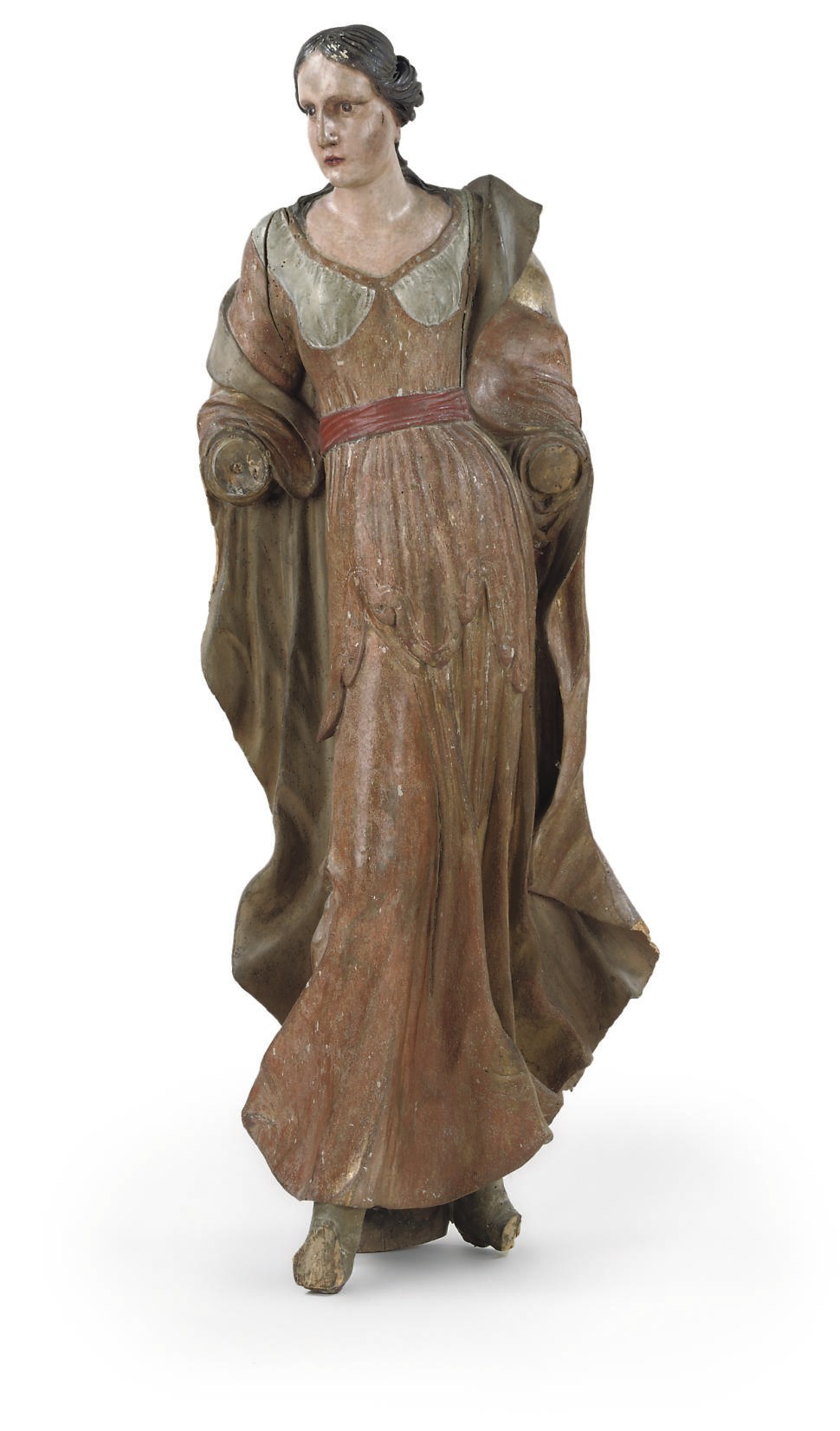A CARVED POLYCHROME FEMALE FIGURE