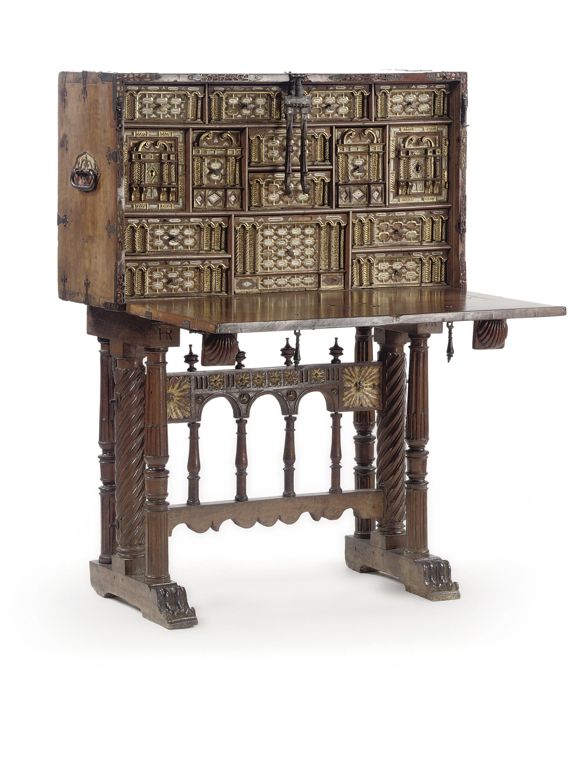 A SPANISH IRON-MOUNTED AND BONE-INLAID PARCEL-GILT WALNUT VARGUENO