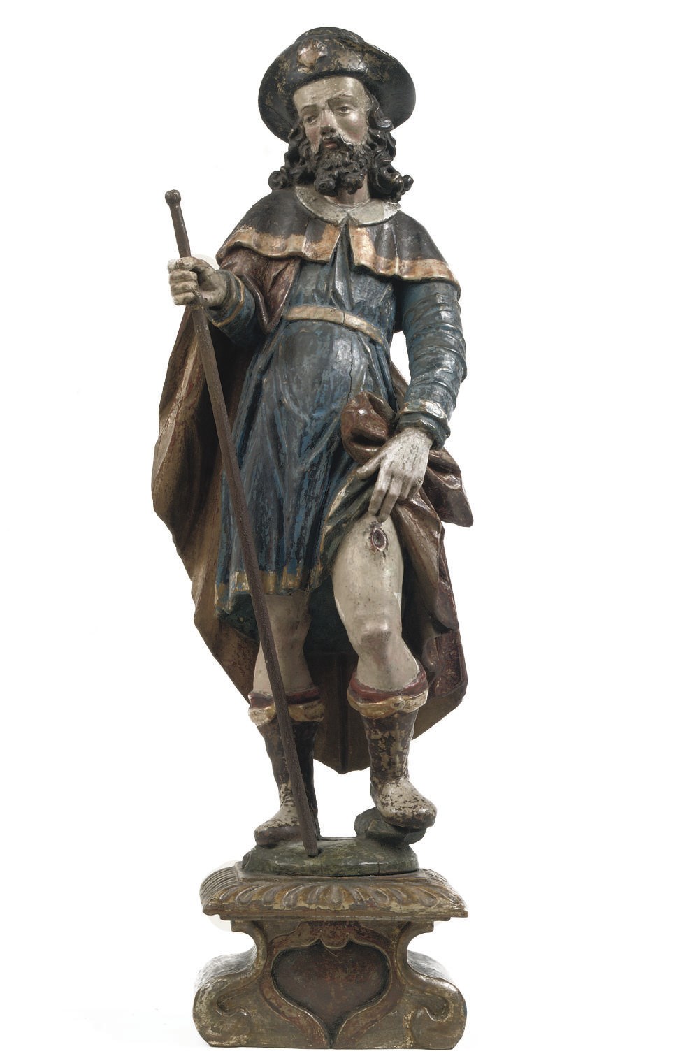 A POLYCHROME AND PARCEL-GILT CARVED LIMEWOOD FIGURE OF SAINT ROCHE