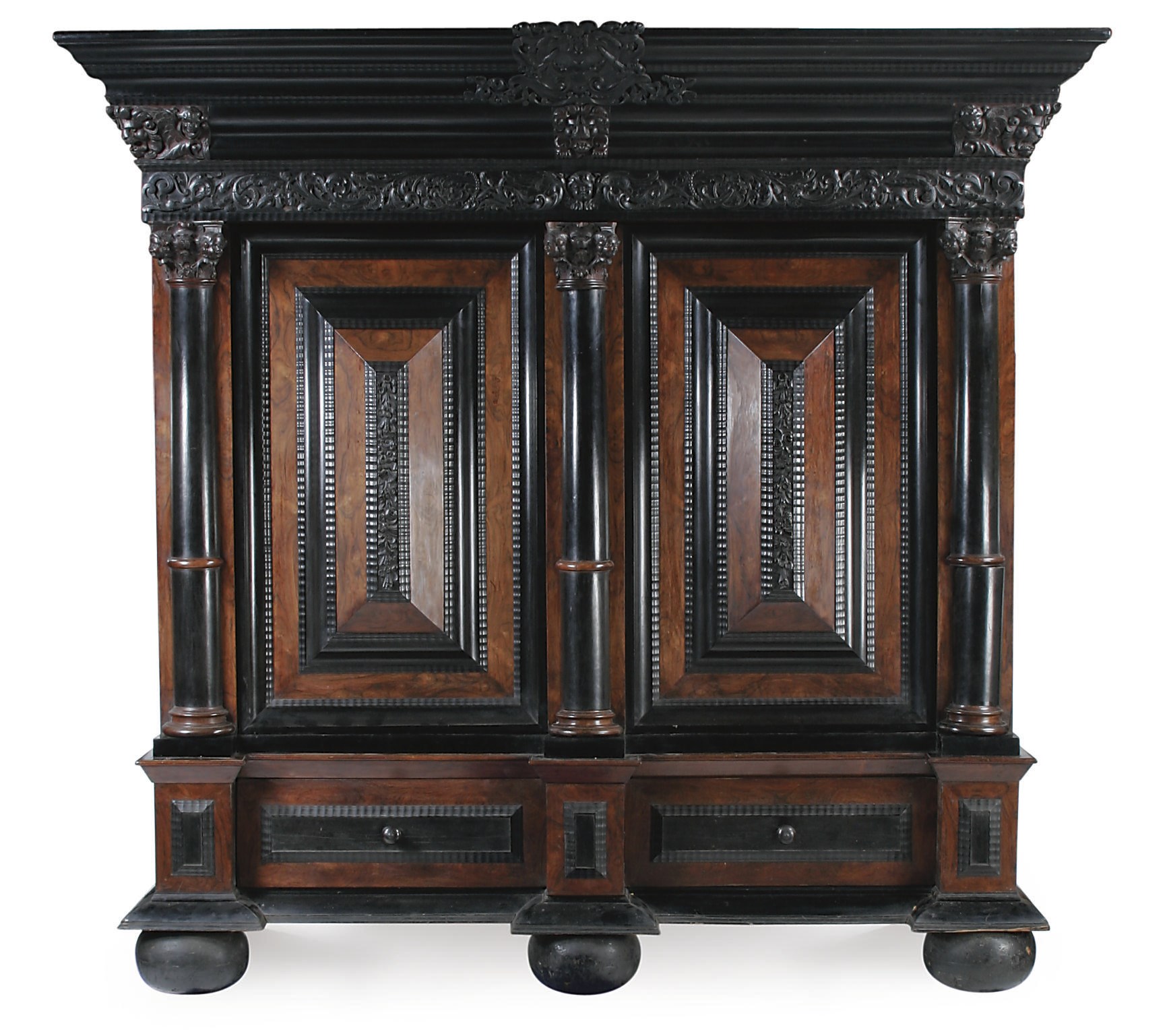 A DUTCH ROSEWOOD, EBONY AND EBONIZED CUPBOARD