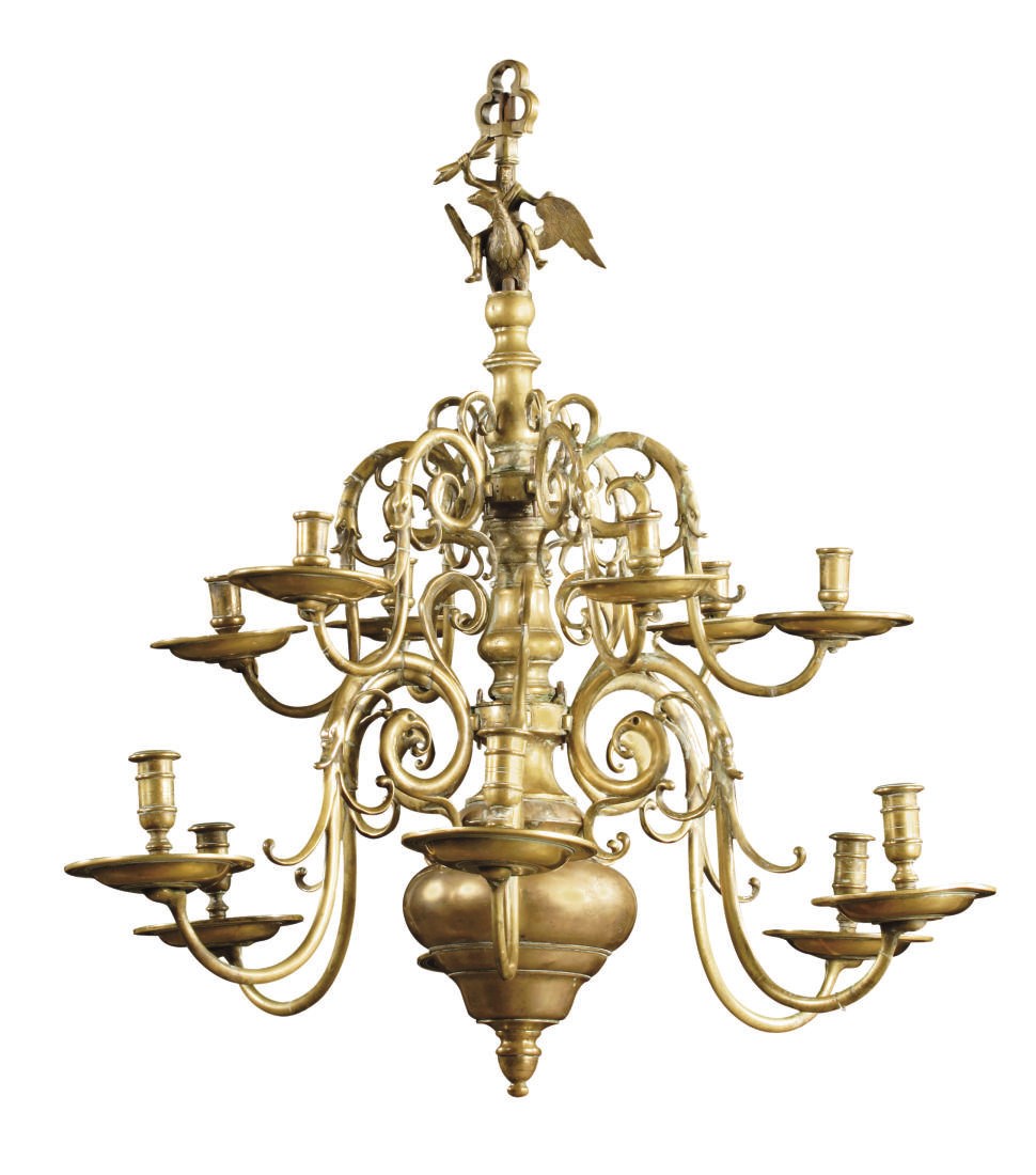 A DUTCH BRASS TWELVE-LIGHT TWO TIER CHANDELIER