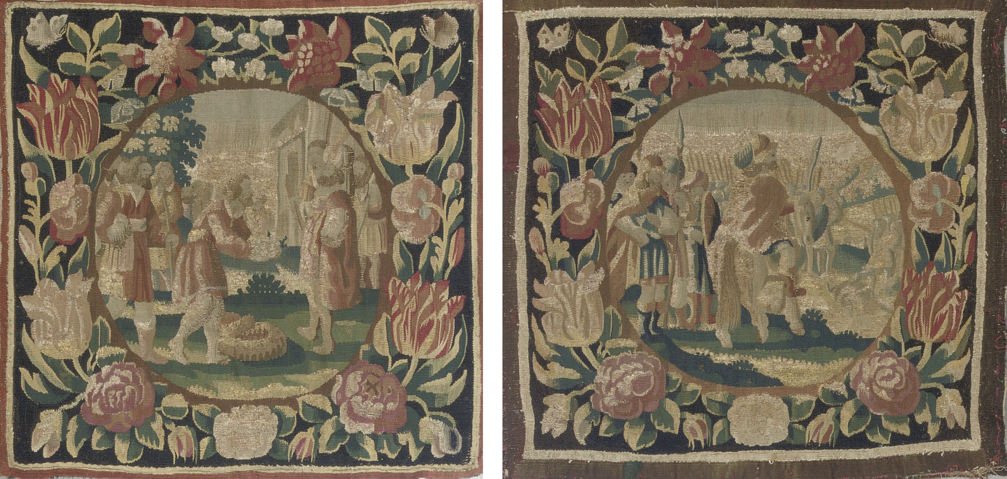 TWO DUTCH BIBLICAL TAPESTRY CUSHION COVERS