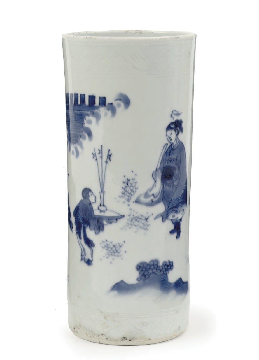 A Chinese Transitional blue and white cylindrical brushpot