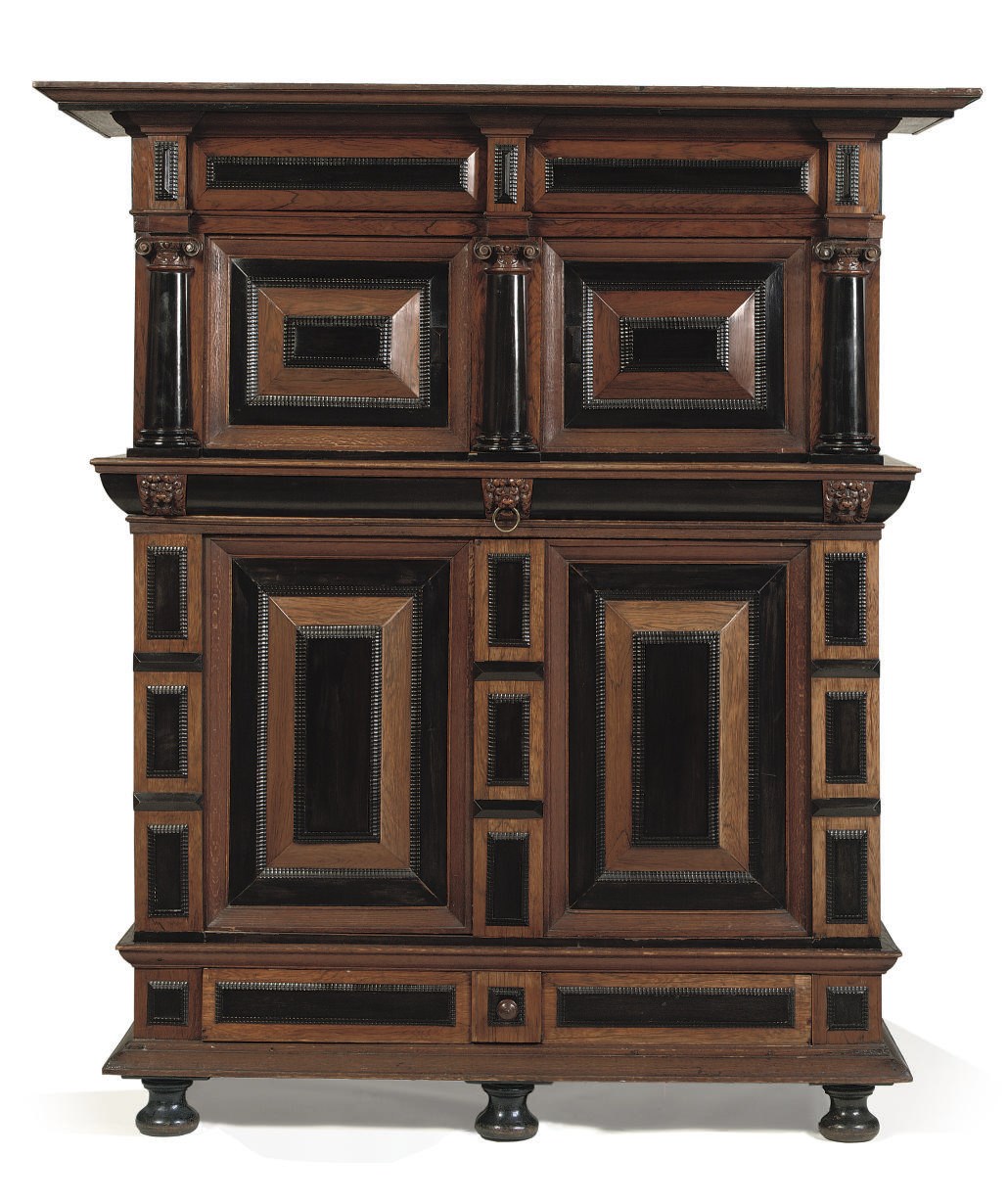 A DUTCH ROSEWOOD, OAK, EBONY AND EBONIZED FOUR DOOR CUPBOARD