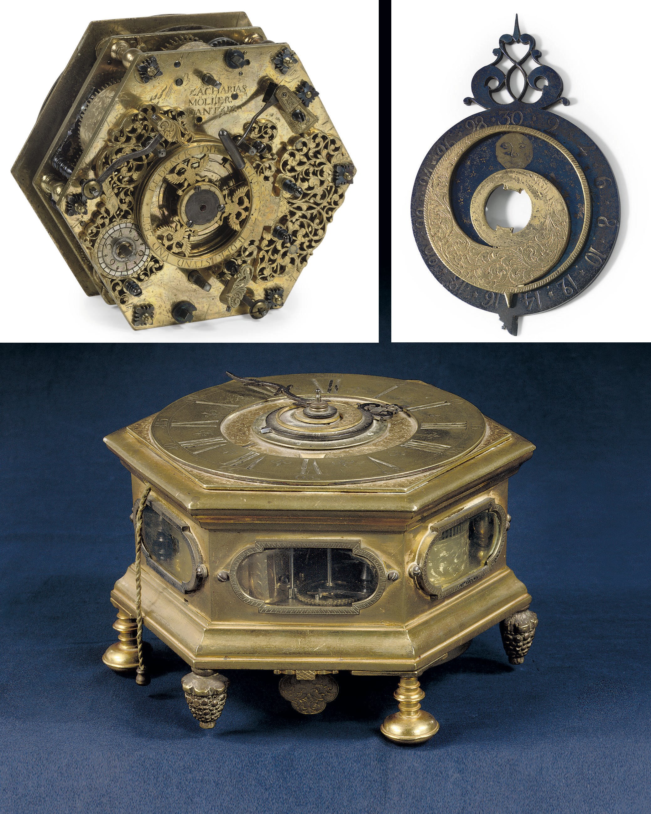 A POLISH ENGRAVED GILT-BRASS AND SILVERED HEXAGONAL TABLE CLOCK WITH QUARTER STRIKE, REPEAT AND ALARM