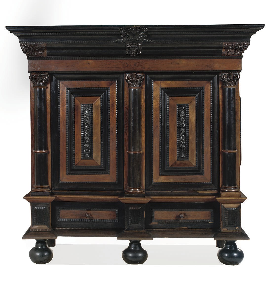 A DUTCH EBONY, ROSEWOOD AND EBONIZED CUPBOARD