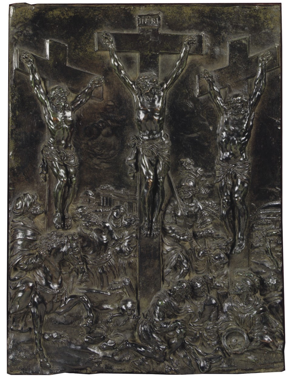 A RECTANGULAR BRONZE RELIEF OF THE CRUCIFIXION