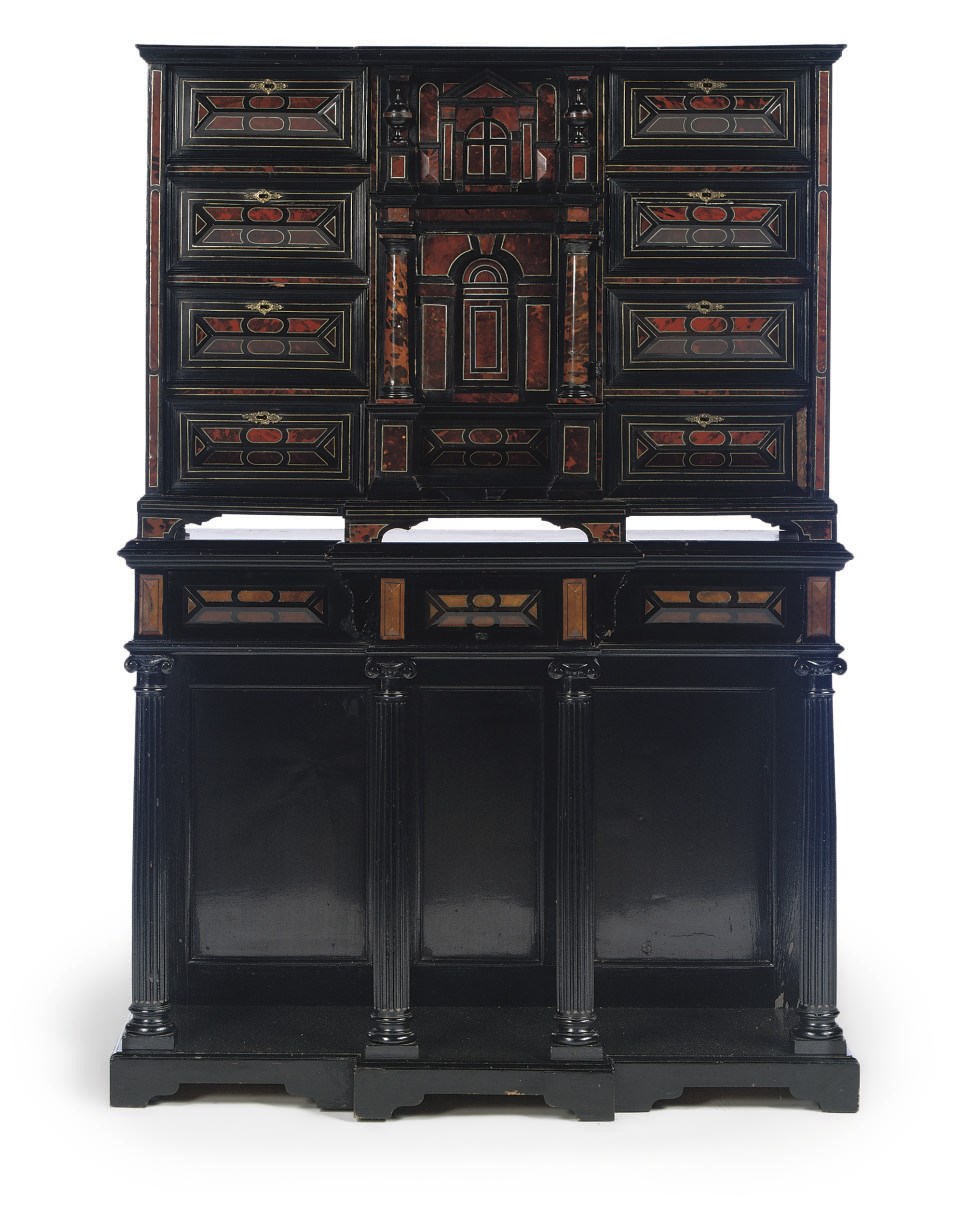 A FLEMISH TORTOISESHELL, EBONY, EBONIZED AND PEWTER INLAID CABINET-ON-STAND