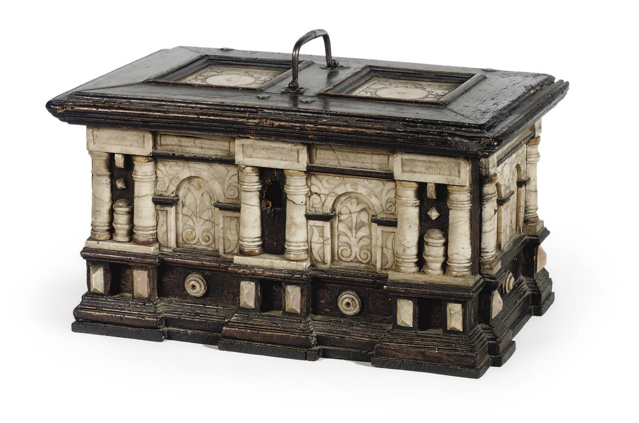 A MALINES EBONISZD WOOD AND ALABASTER TABLE CASKET