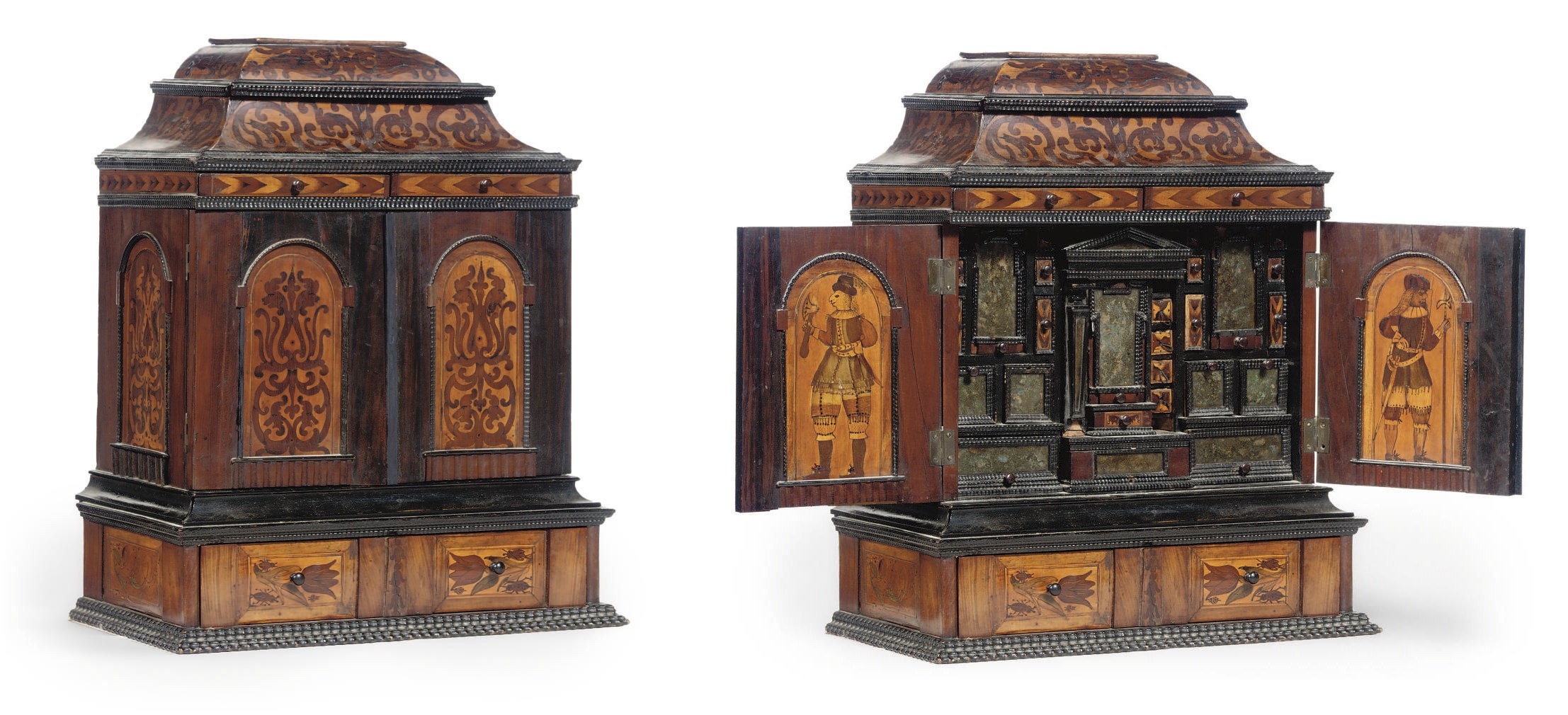 A SOUTH GERMAN MAPLE, EBONIZED AND FRUITWOOD MARQUETRY TABLE CABINET