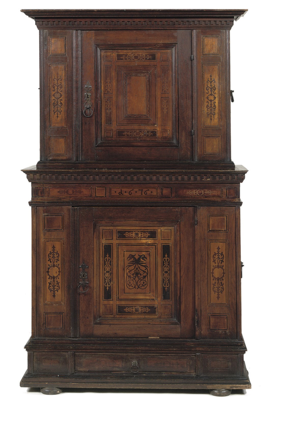 A SOUTH GERMAN WALNUT AND FRUITWOOD MARQUETRY CUPBOARD