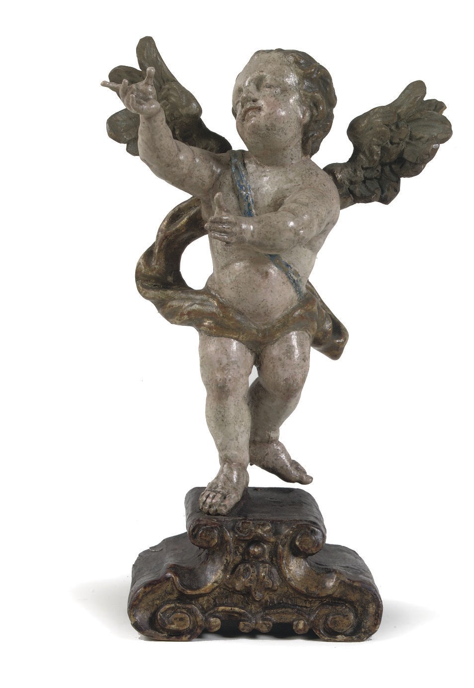 A PARCEL-GILT POLYCHROME CARVED LIMEWOOD FIGURE OF AN ANGEL