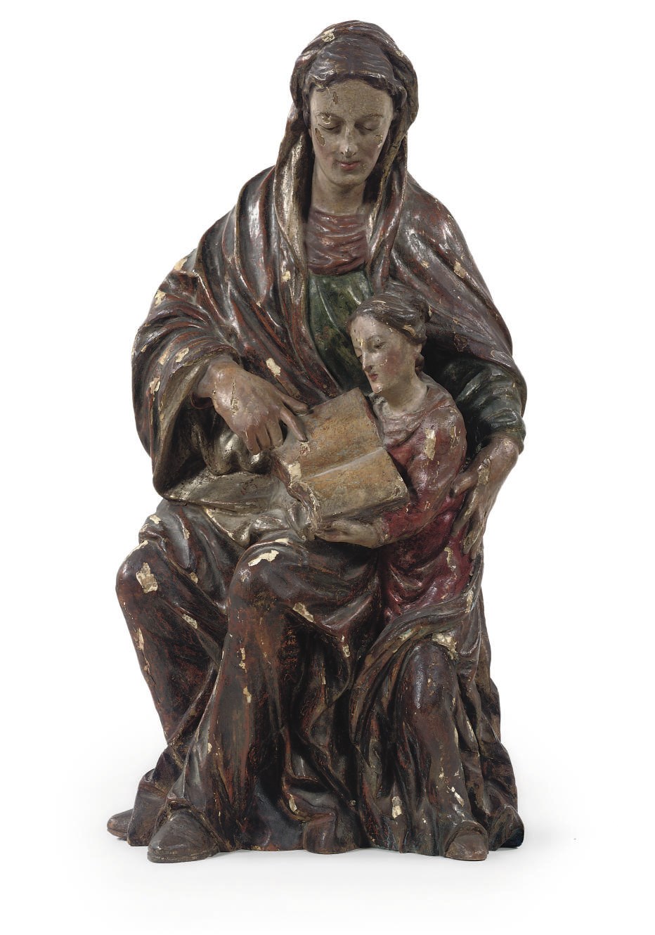A POLYCHROME CARVED WOOD GROUP OF THE EDUCATION OF THE VIRGIN