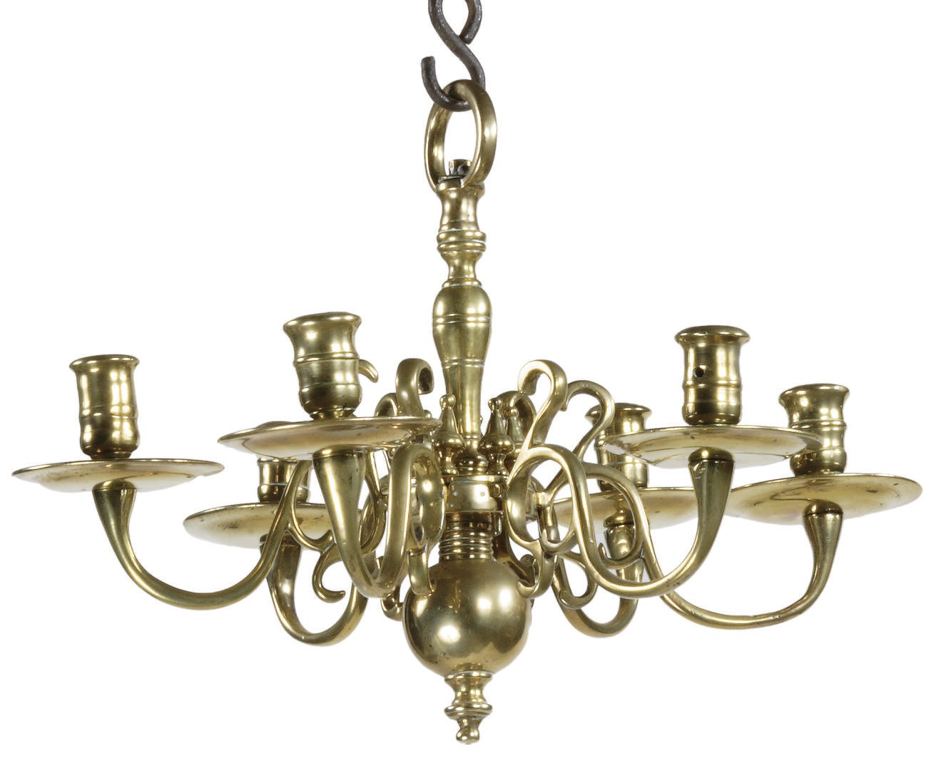 A DUTCH BRASS SIX-LIGHT CHANDELIER