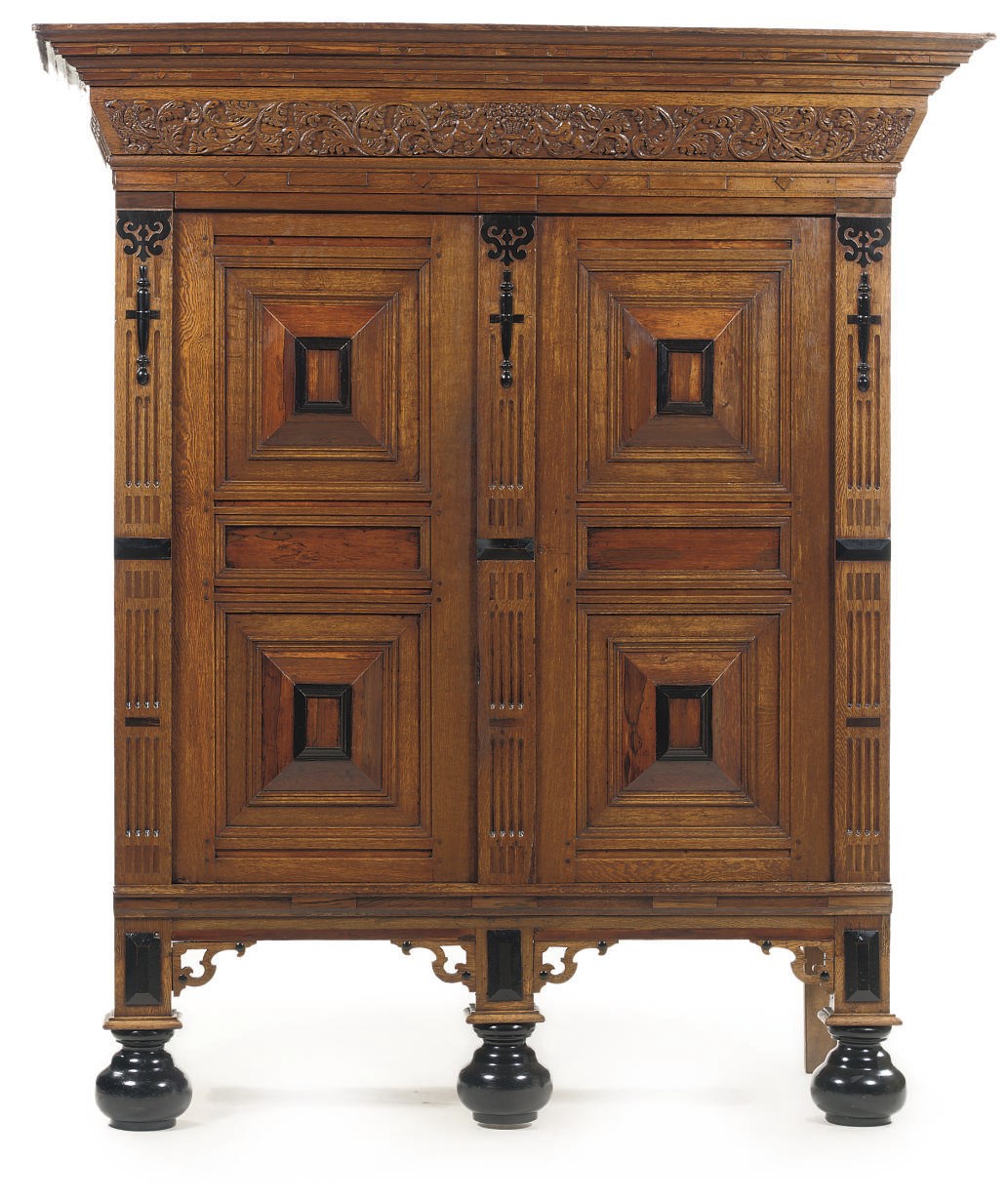 A DUTCH OAK, ROSEWOOD, WALNUT AND EBONIZED CUPBOARD