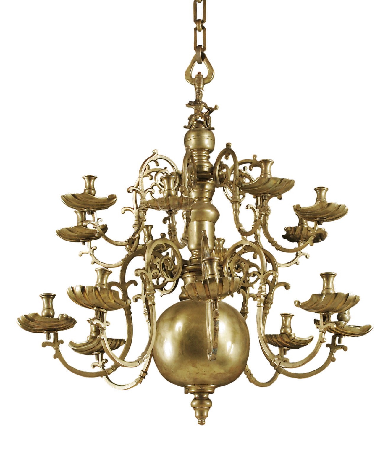 A DUTCH BRASS SIXTEEN-LIGHT CHANDELIER