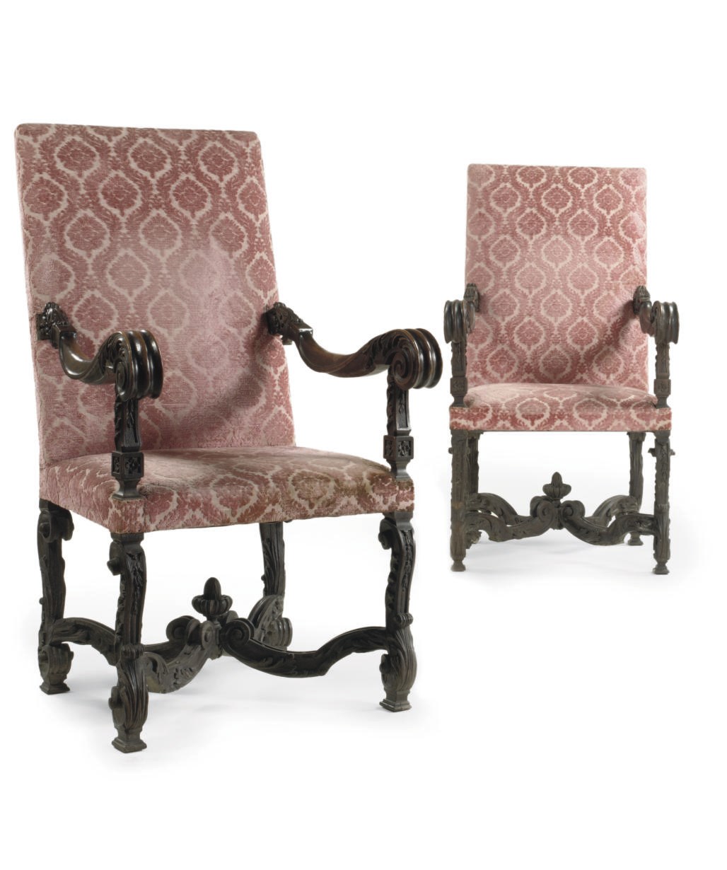 A PAIR OF DUTCH WALNUT OPEN ARMCHAIRS